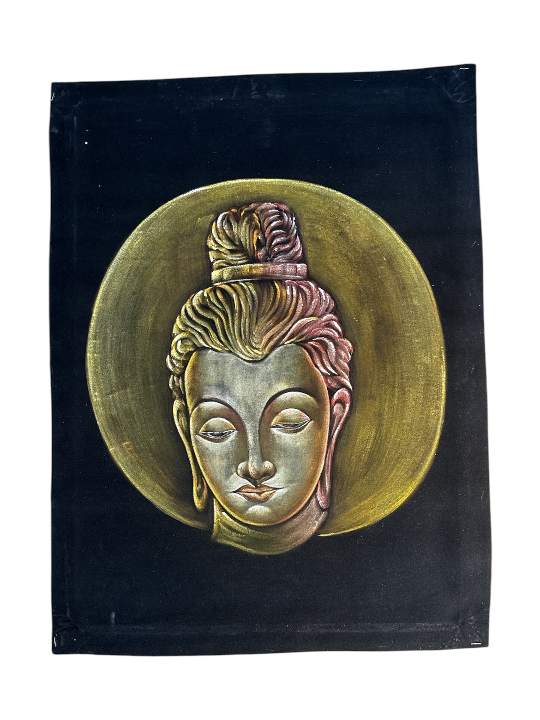Buddha Half-Closed Eyes Meditative States Stone Sand Powder Painting Velvet Cloth Handmade Spiritual Art Tranquil Meditation Divine Peaceful Wall Decor Sacred Space Gift