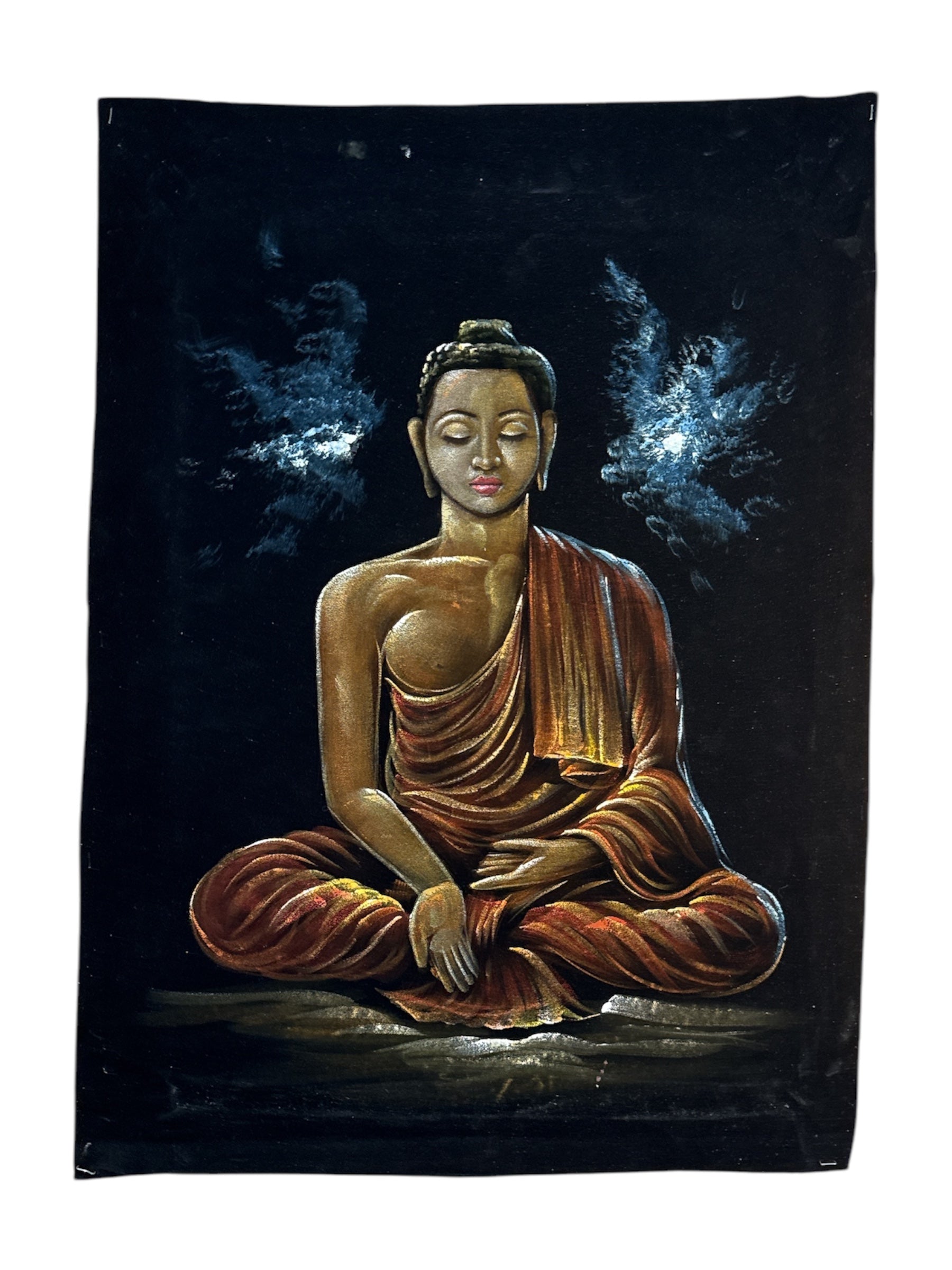 Peaceful Buddha Monk Meditative States Stone Sand Powder Painting Velvet Fabric Handmade Tranquility Art Sacred Meditation Wall Decor Peaceful Retreat Hindu Buddhist Vibe Gift