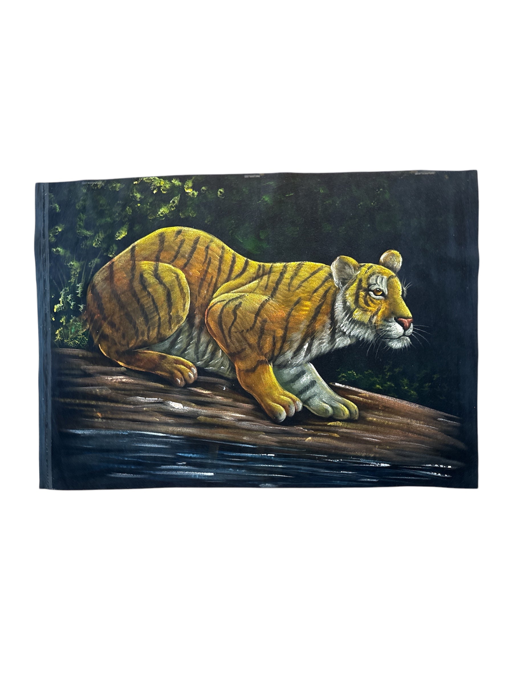Crouching Tiger Ready to Pounce Stone Sand Powder Painting Velvet Fabric Handmade Tranquil Wildlife Art Serene Nature Wall Decor Calm Reflection Sacred Space Peaceful Home Office Gift