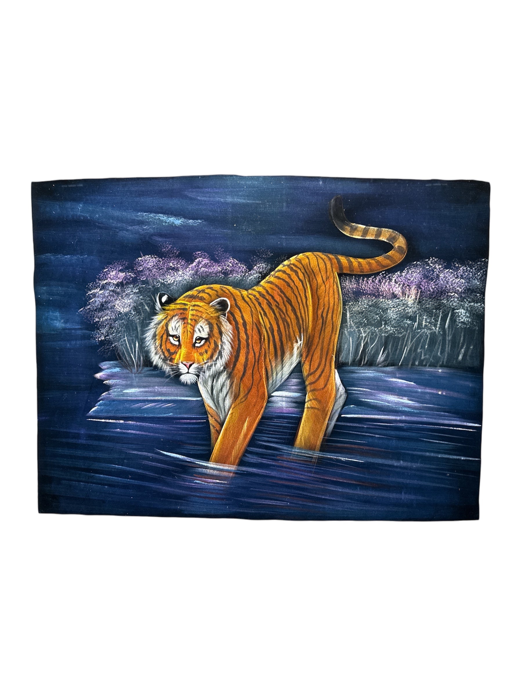Tiger in Water Stone Sand Powder Painting Velvet Fabric Handmade Wildlife Art Intense Gaze Sacred Indian Wall Decor Tranquil Nature Sacred Space Gift
