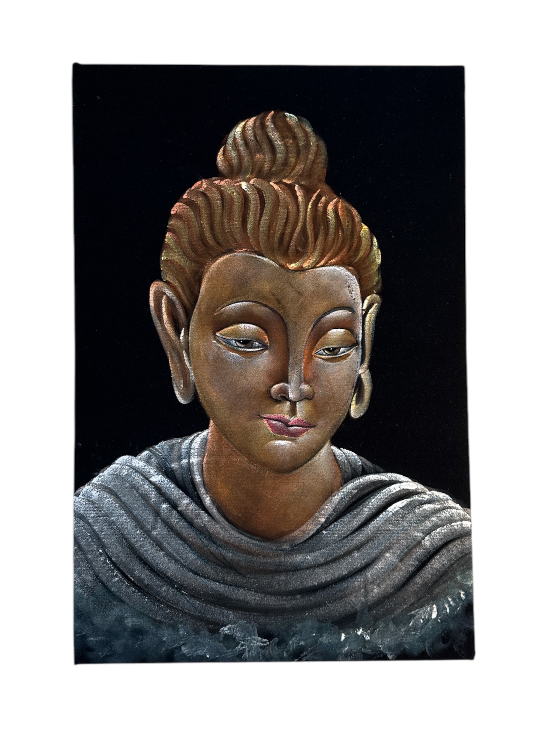 Buddha Serene and Calm States Stone Sand Powder Velvet Cloth Handmade Peaceful Meditative Art Soft Indian Wall Decor Sacred Space Gift - Mounted on Canvas