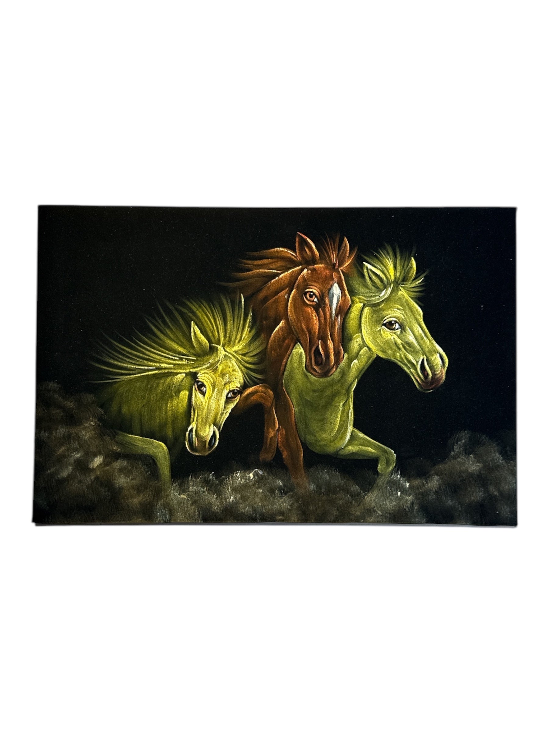 Mystical Three Horses Running Stone Sand Powder Painting Velvet Fabric with Dust Handmade Indian Art Majestic Power Detail Head Sacred Space Wall Decor Gift - Mounted on Canvas