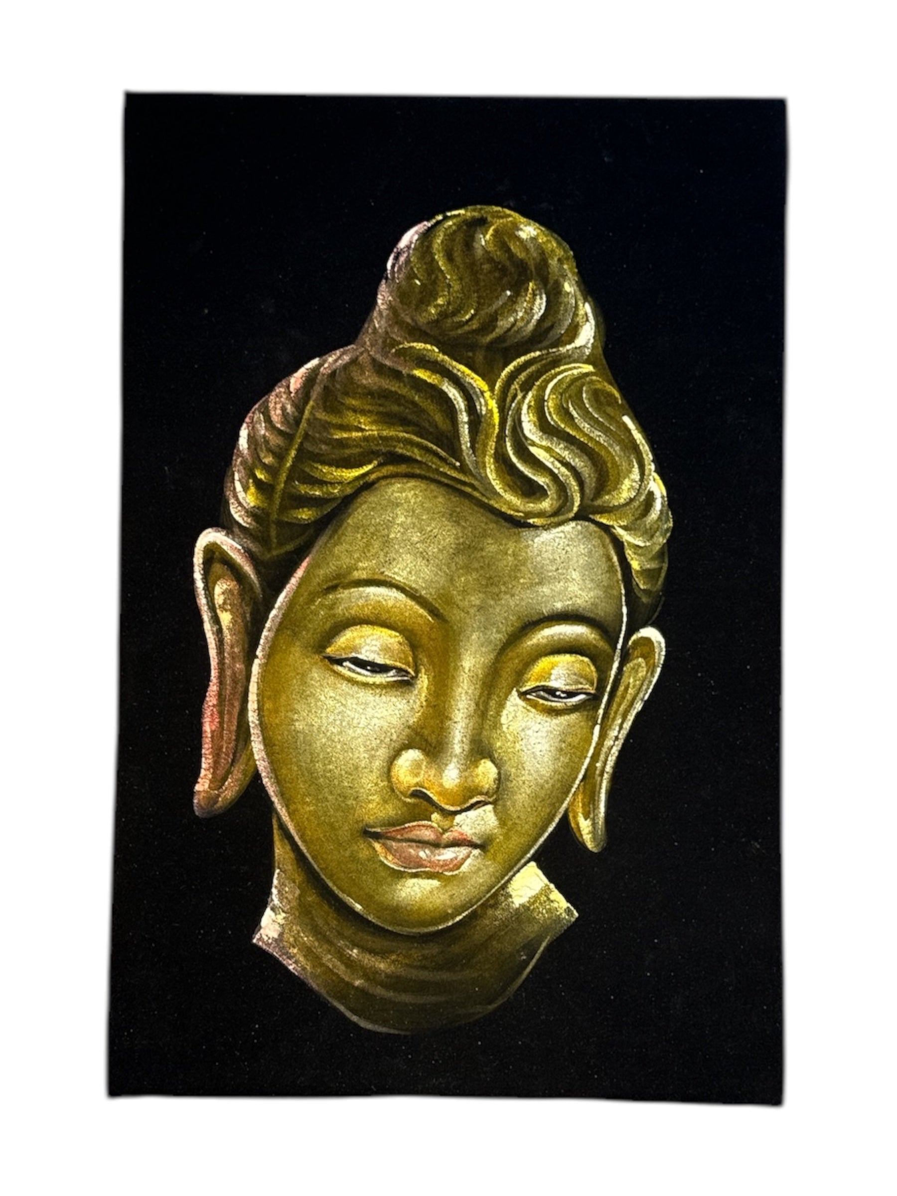 Buddha Head Half-Closed Eyes Peaceful States Stone Sand Powder Velvet Cloth Painting Meditation Art Tranquil Sacred Wall Decor Spiritual Piece Handmade Gift for Home Office - Mounted on Canvas