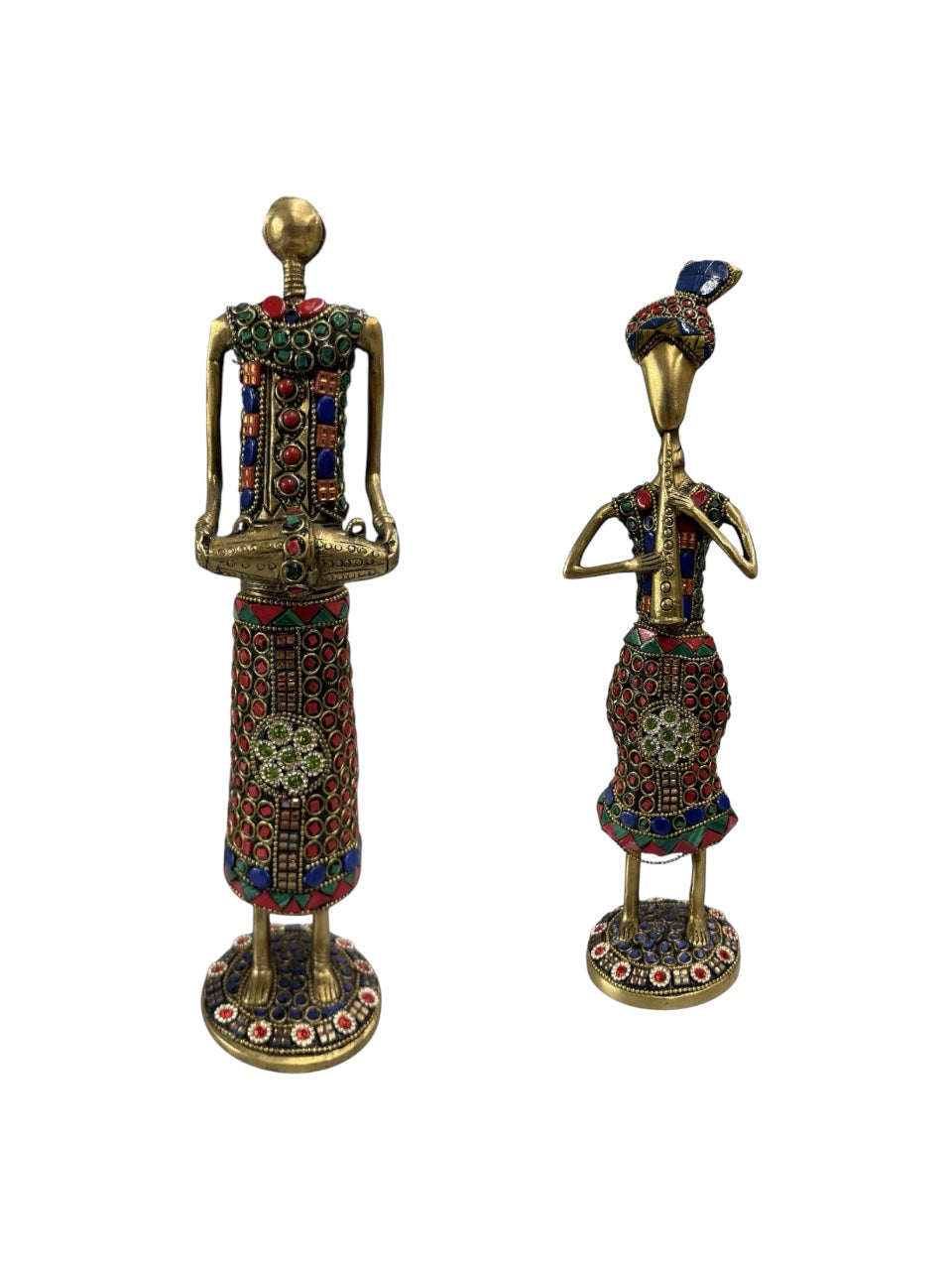 Beautiful divine ancient musician various musical instruments brass with colour stone sculpture showpieces 2pcs set