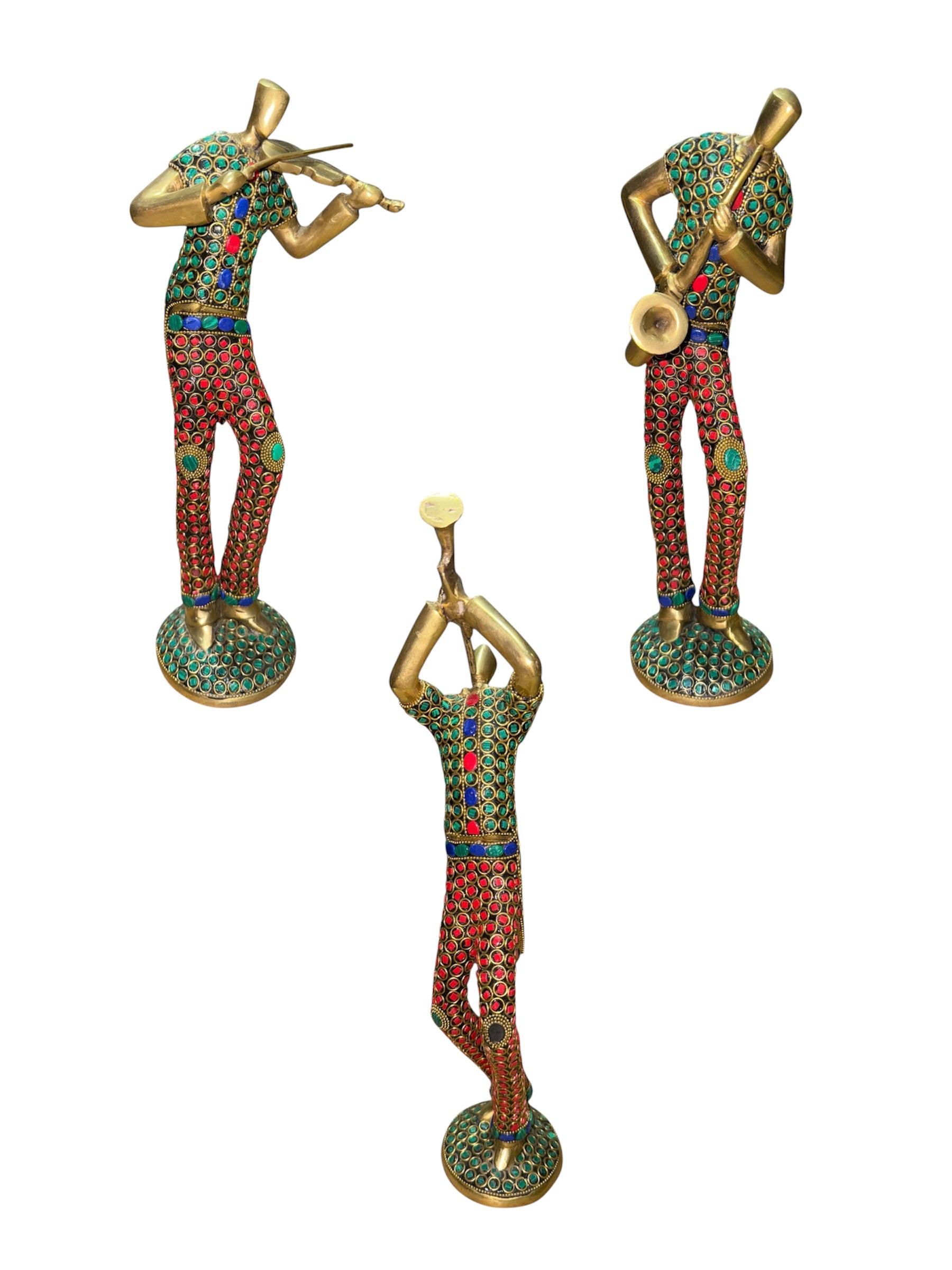 Beautiful modern musician various musical instruments brass bronze color stone sculpture showpieces set of 3pcs home decoration