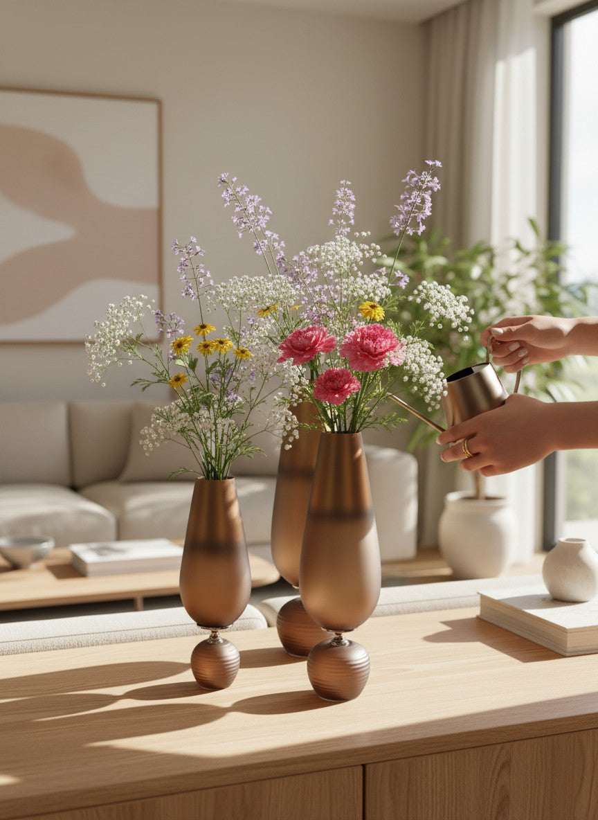 EHAIKA Designer Glass Vase With Aluminium And Hand Carved Base – Home Livingroom Console Décor