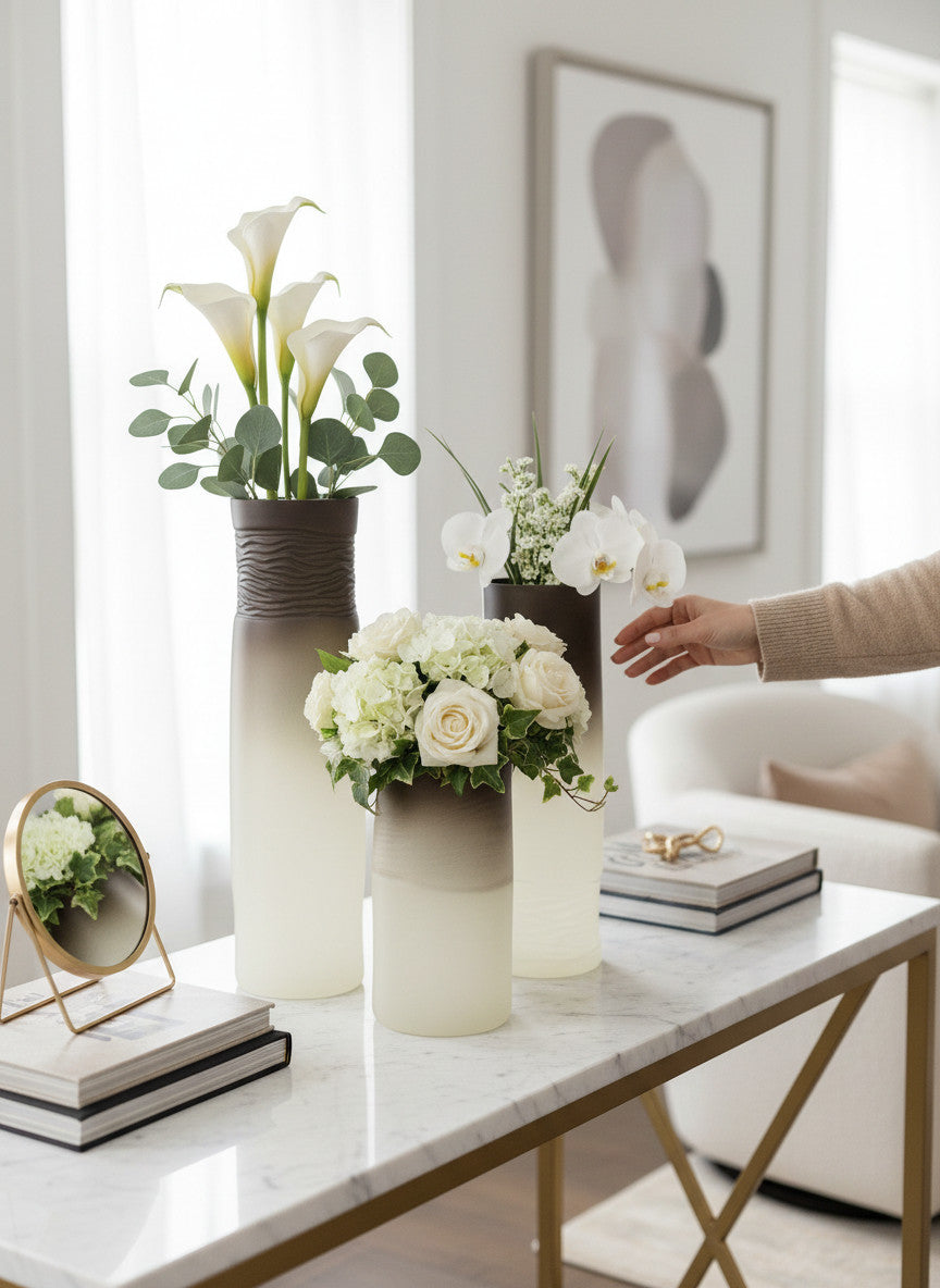 EHAIKA Elegant Dual-Tone Brown Glass Vase, Large Opening  – Modern Tabletop Home Décor