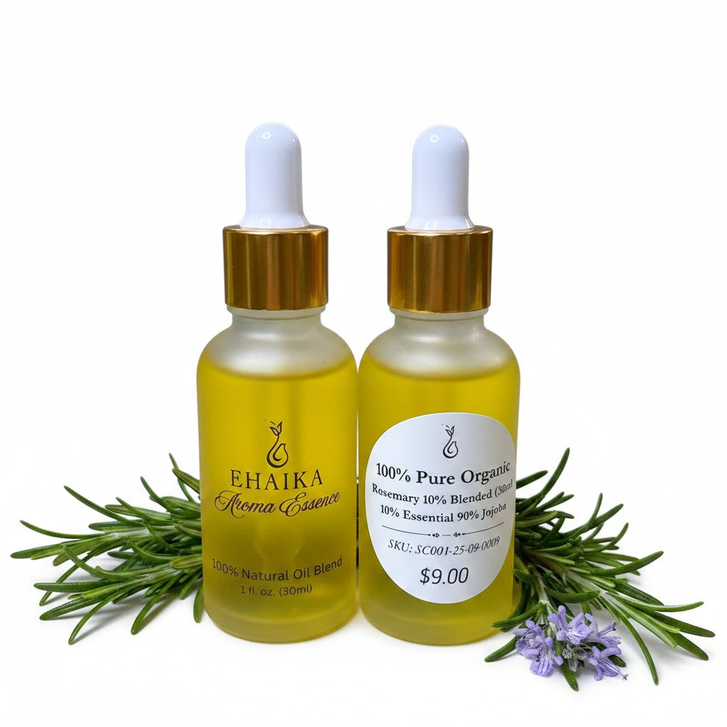 EHAIKA Rosemary 10% Blended Essential Oil (30ml), 100% Pure Organic, 10% Essential 90% Jojoba Oil