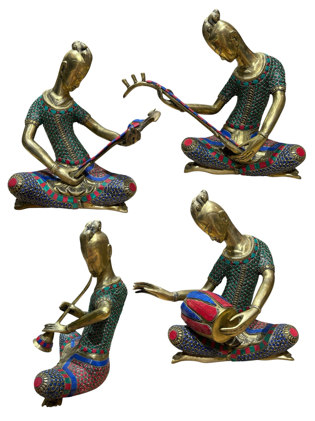 Beautiful divine ancient musician various musical instruments brass sculpture colour stone showpieces 4pcs set