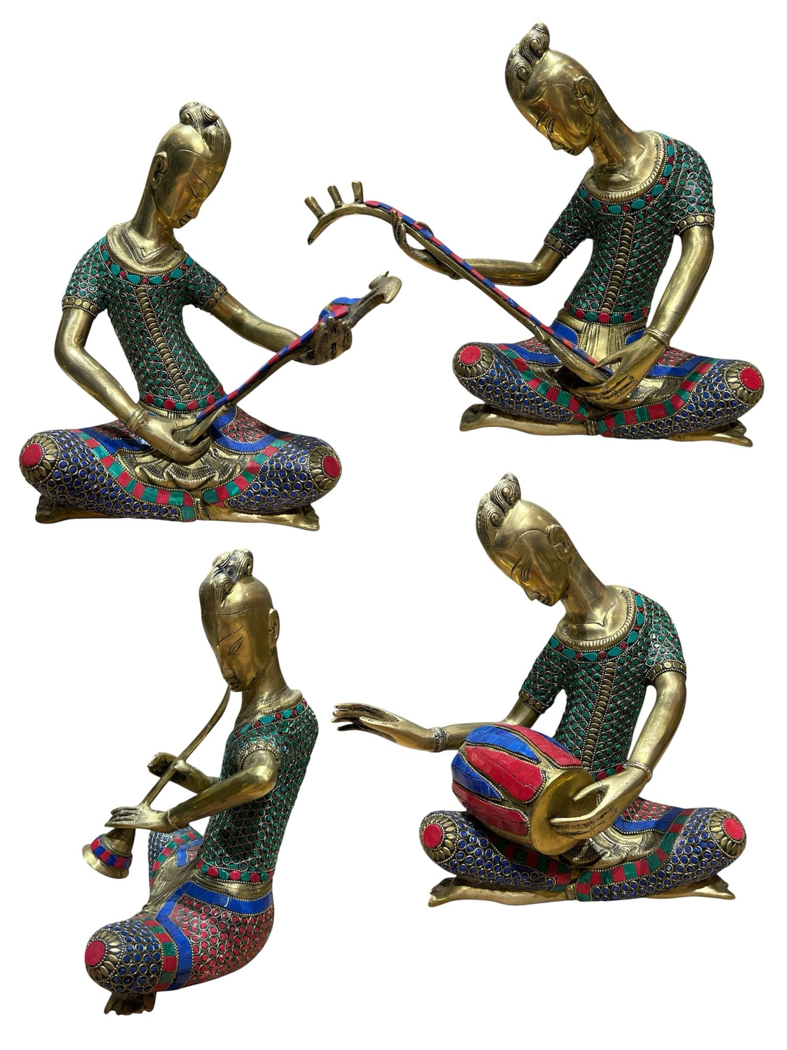 Beautiful divine ancient musician various musical instruments brass sculpture colour stone showpieces 4pcs set