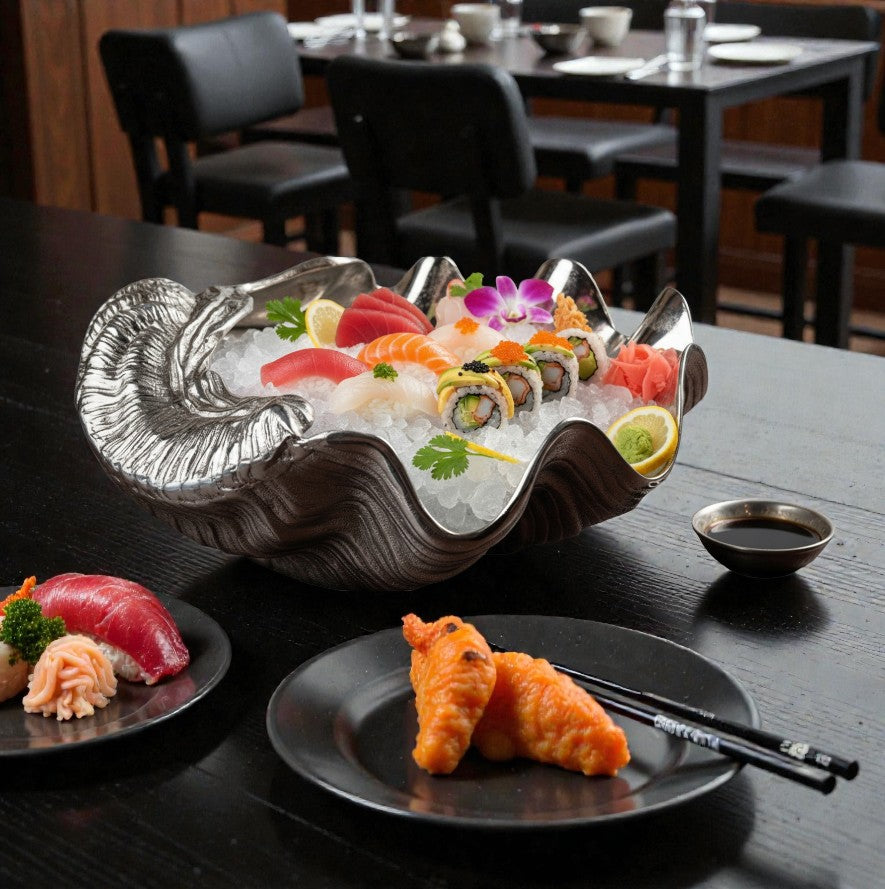 EHAIKA Seashell Wine Chiller / Sashimi Serving Platter  - Dinner Party, Artisanal Aluminium Dinning Tableware