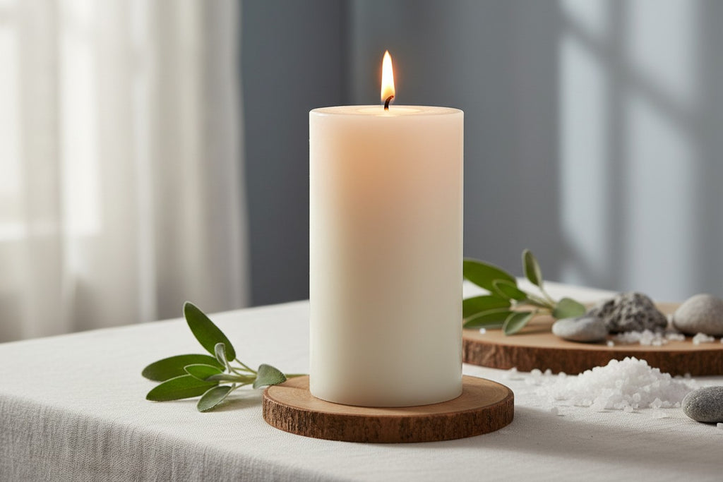 EHAIKA Sage & Sea Salt Scented Pillar Candle 7.5 x 15 cm – Smokeless, Dripless, 100 hours Long Burning