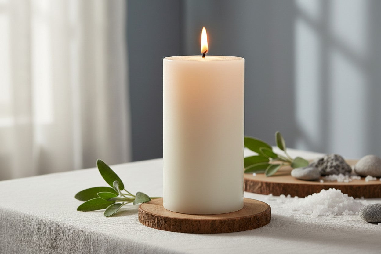 EHAIKA Sage & Sea Salt Scented Pillar Candle 7.5 x 15 cm – Smokeless, Dripless, 100 hours Long Burning