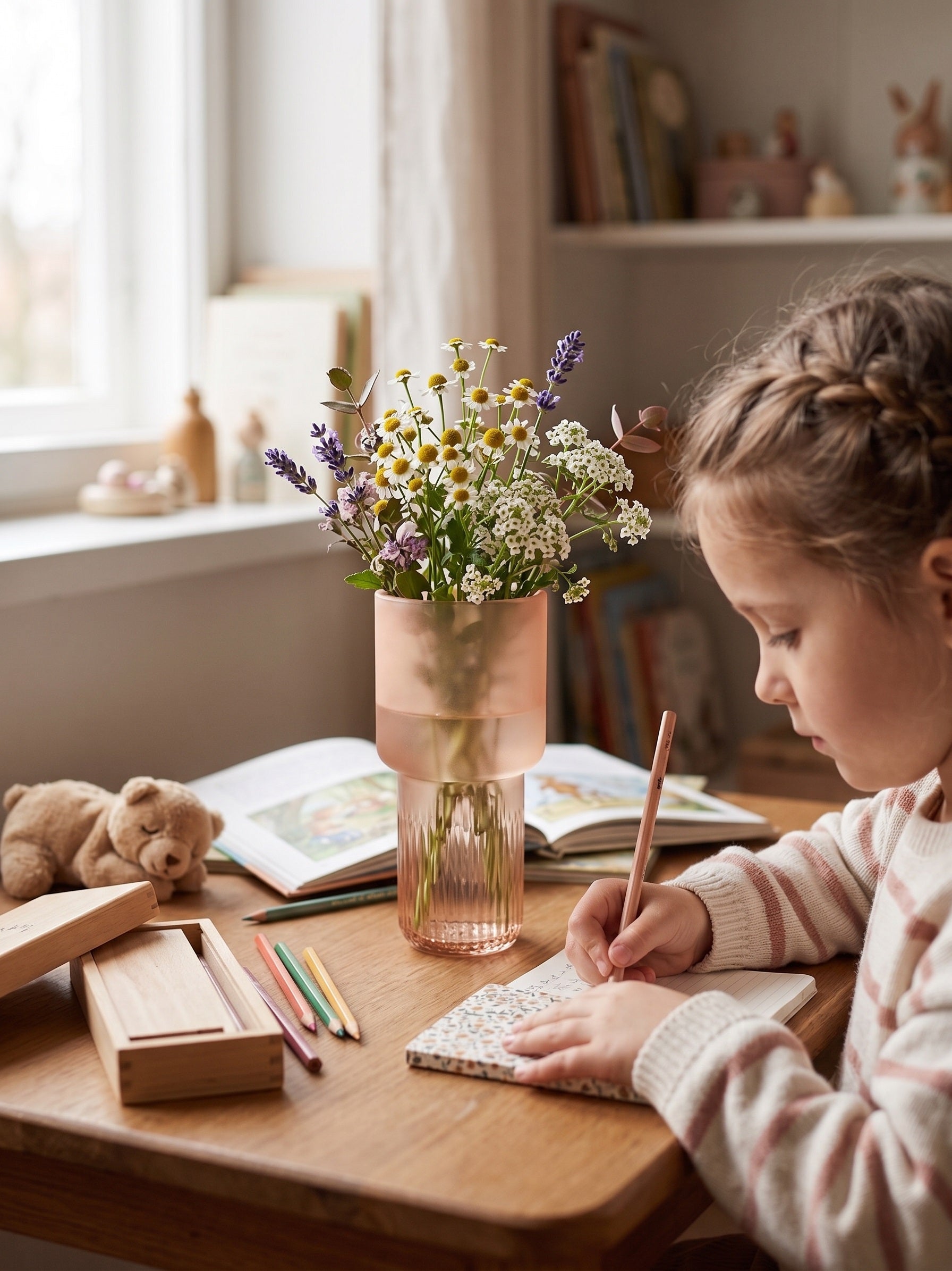 EHAIKA Glass Flower Vase With Line Cut Patterned Mushroom Designed – Salmon Pink Colour (Small)