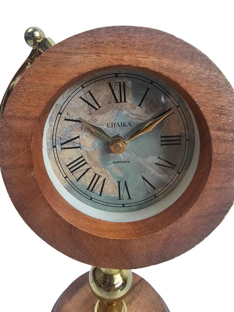 EHAIKA Modern Globe Design Table Clock, World Map Clockface, Metal Stand & Solid Wooden Base