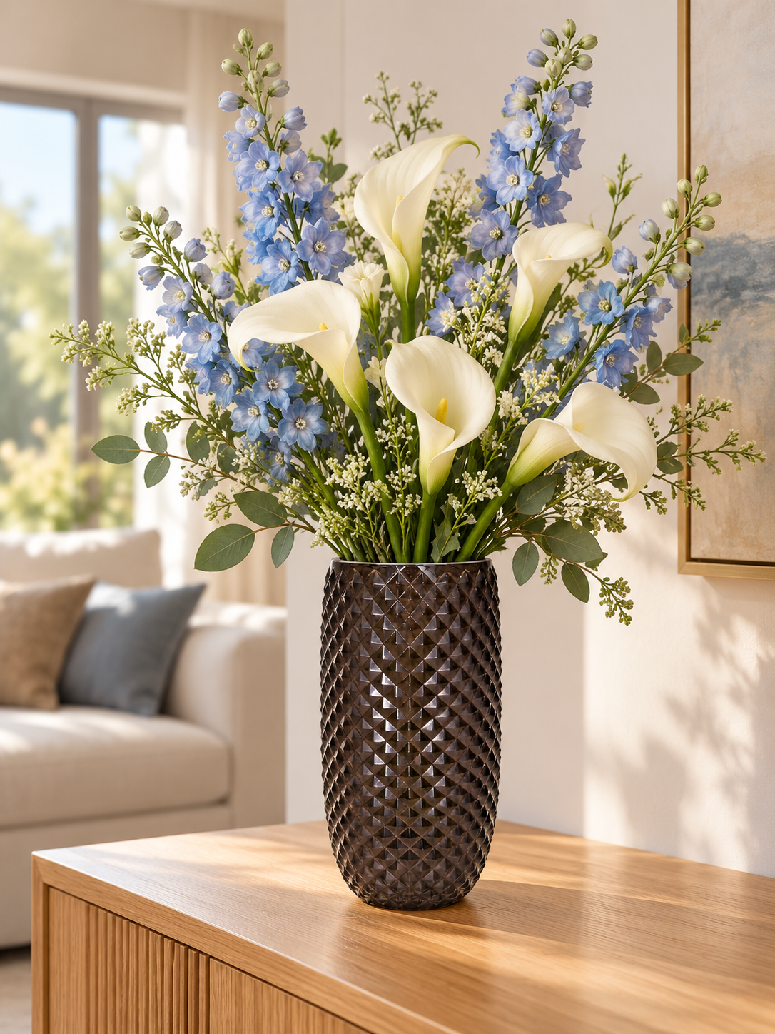 EHAIKA Designer Table Top Glass Flower Vase, Handmade Diamond Cut Patterned - Cylinder Shaped
