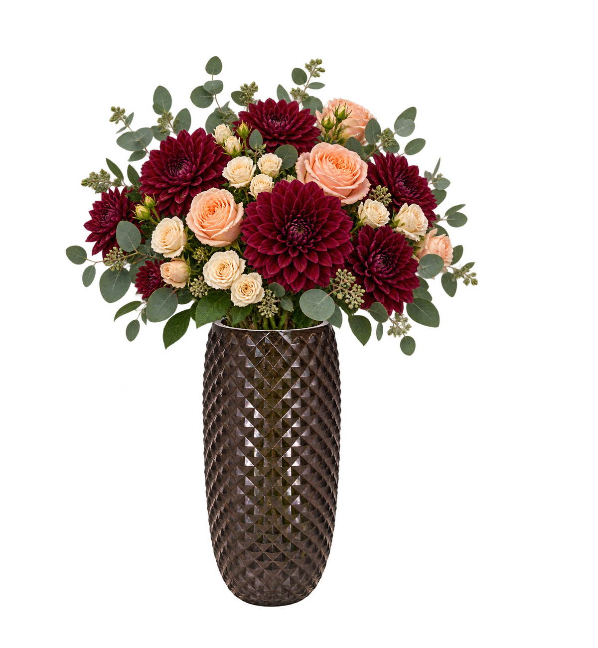 EHAIKA Designer Table Top Glass Flower Vase, Handmade Diamond Cut Patterned - Cylinder Shaped