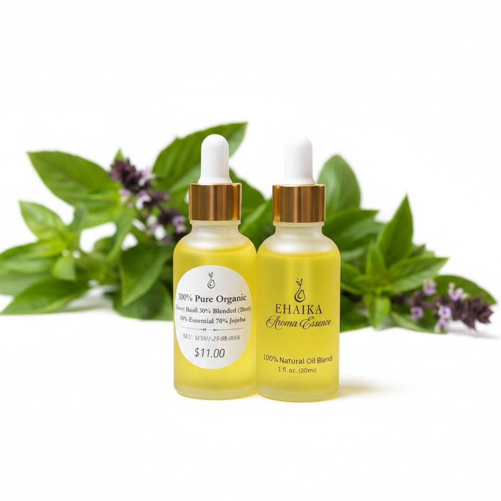 EHAIKA Sweet Basil 30% Blended Essential Oil (30ml), 100% Pure Organic, 30% Essential 70% Jojoba Oil