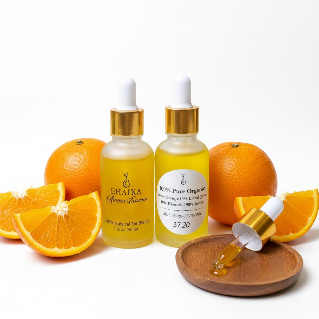 EHAIKA Sweet Orange 10% Blended Essential Oil (30ml), 100% Pure Organic, 10% Essential 90% Jojoba Oil
