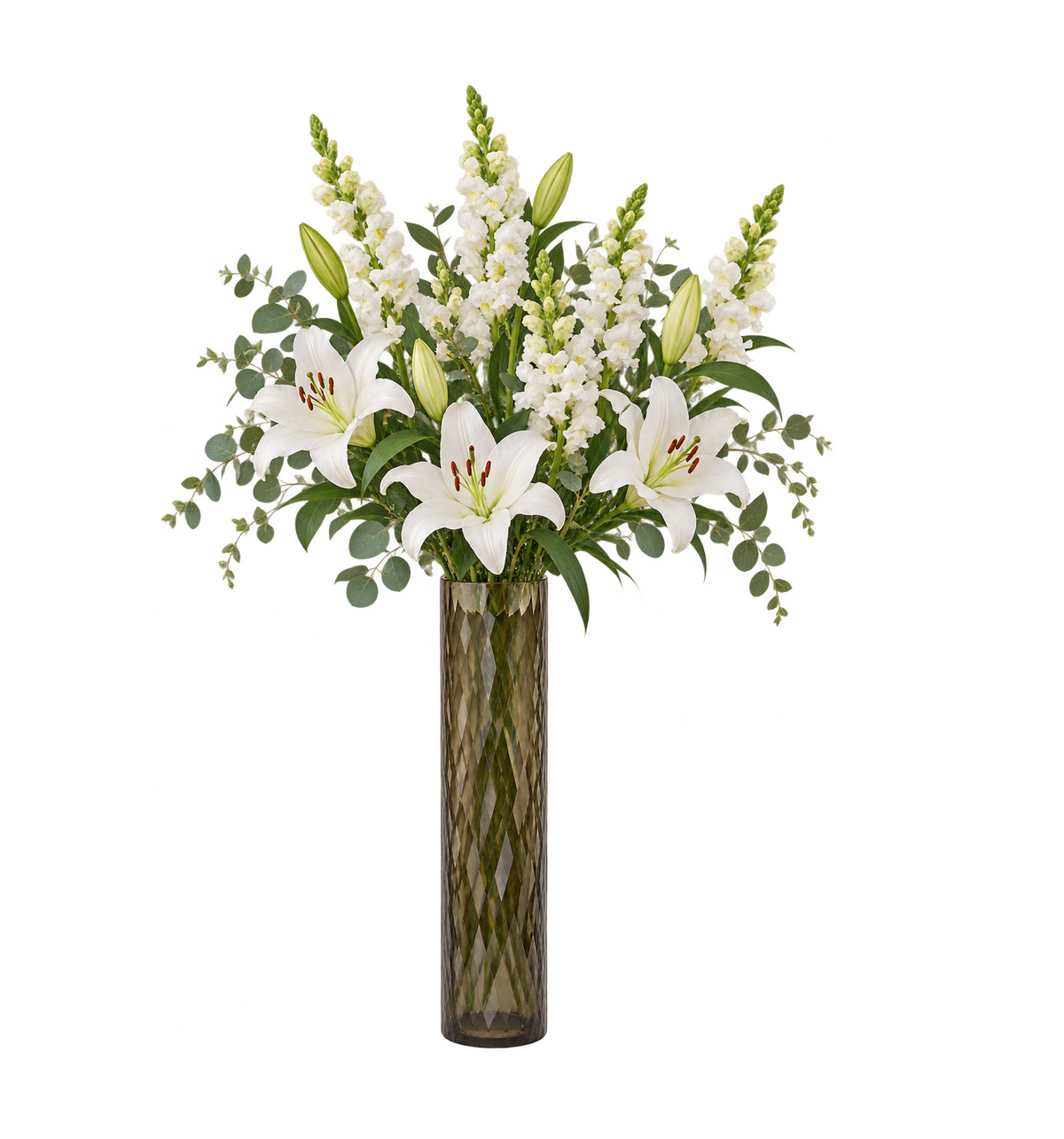 EHAIKA Designer Floor Standing Glass Flower Vase, Handmade Honeycomb Cut Patterned - Cylinder Shaped