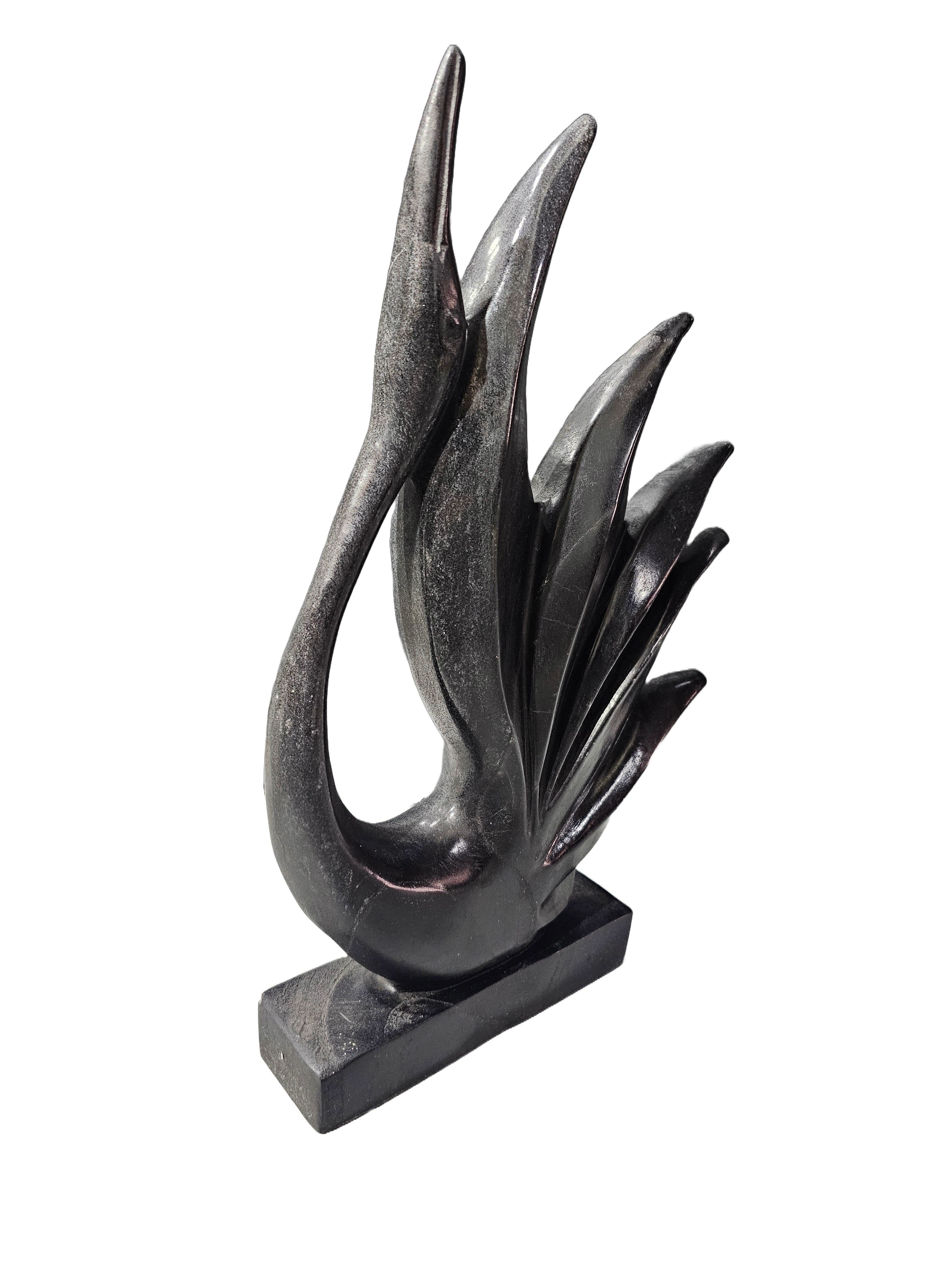 Black Marble Stone Carving Art Sculpture – Beautiful Swan Bird Statue, Home & Office Decoration