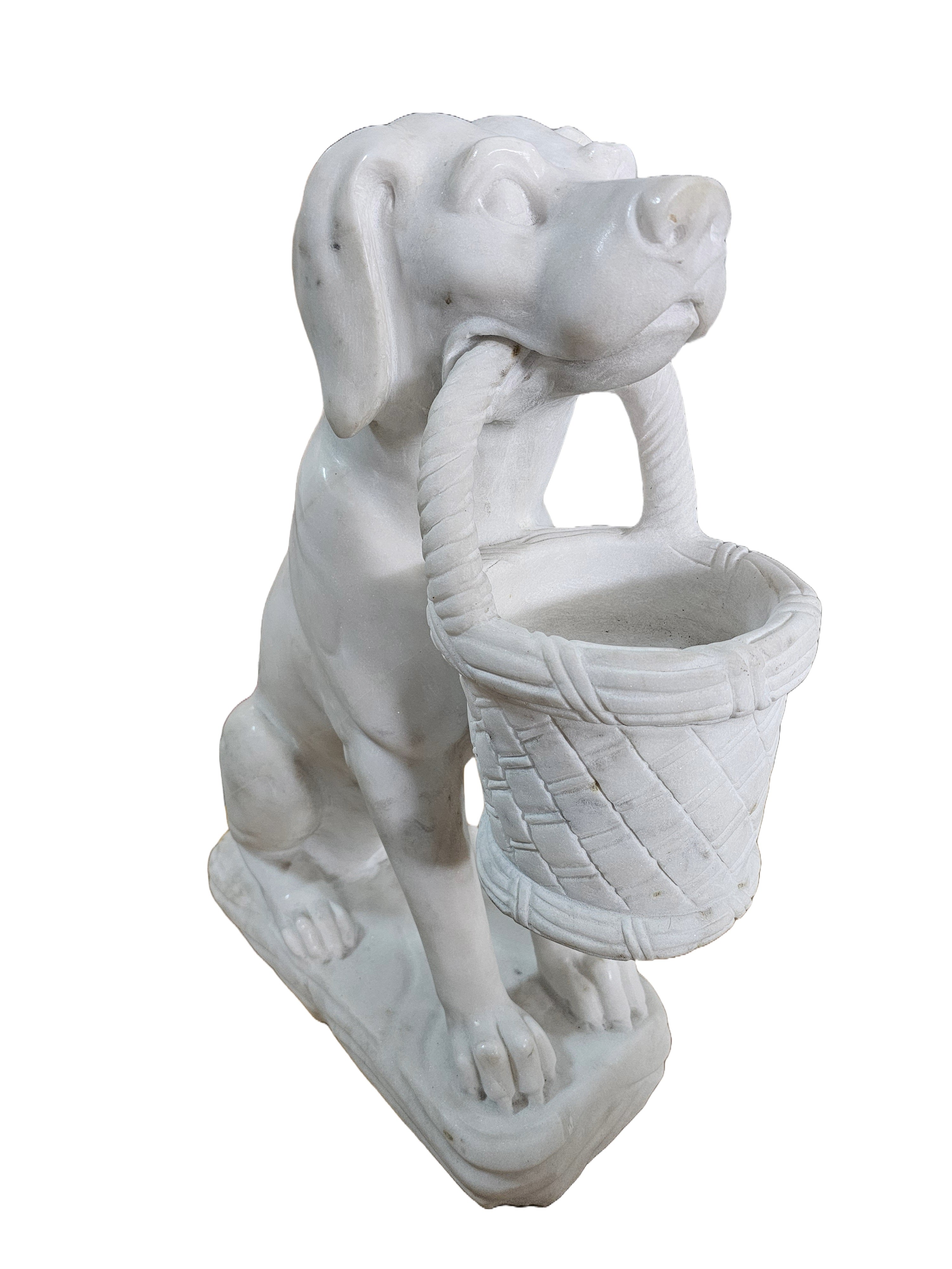 White Marble Stone Carving Sculpture – Dog Statue, Office & Home Decoration, Outdoor Garden Display