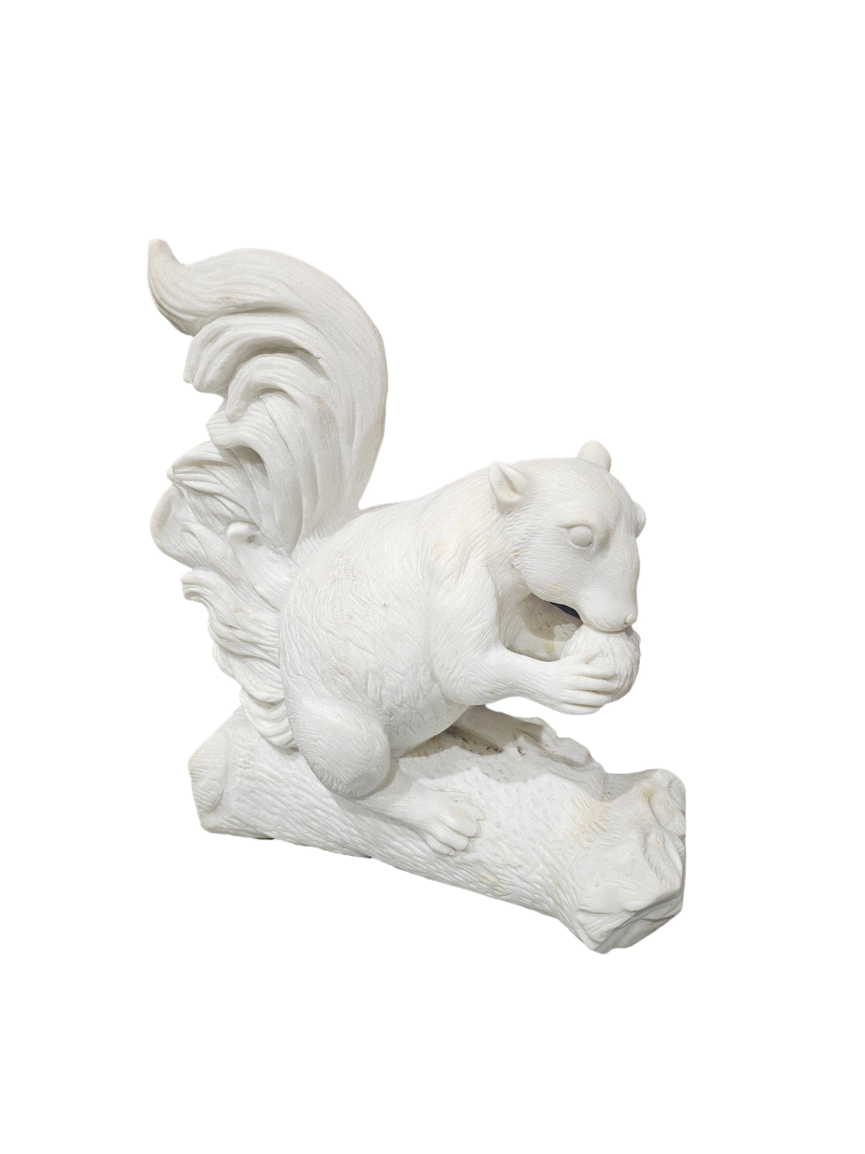 White Marble Stone Carving Sculpture - Squirrel Animal Statue, Office & Home Decoration, Outdoor Garden Display