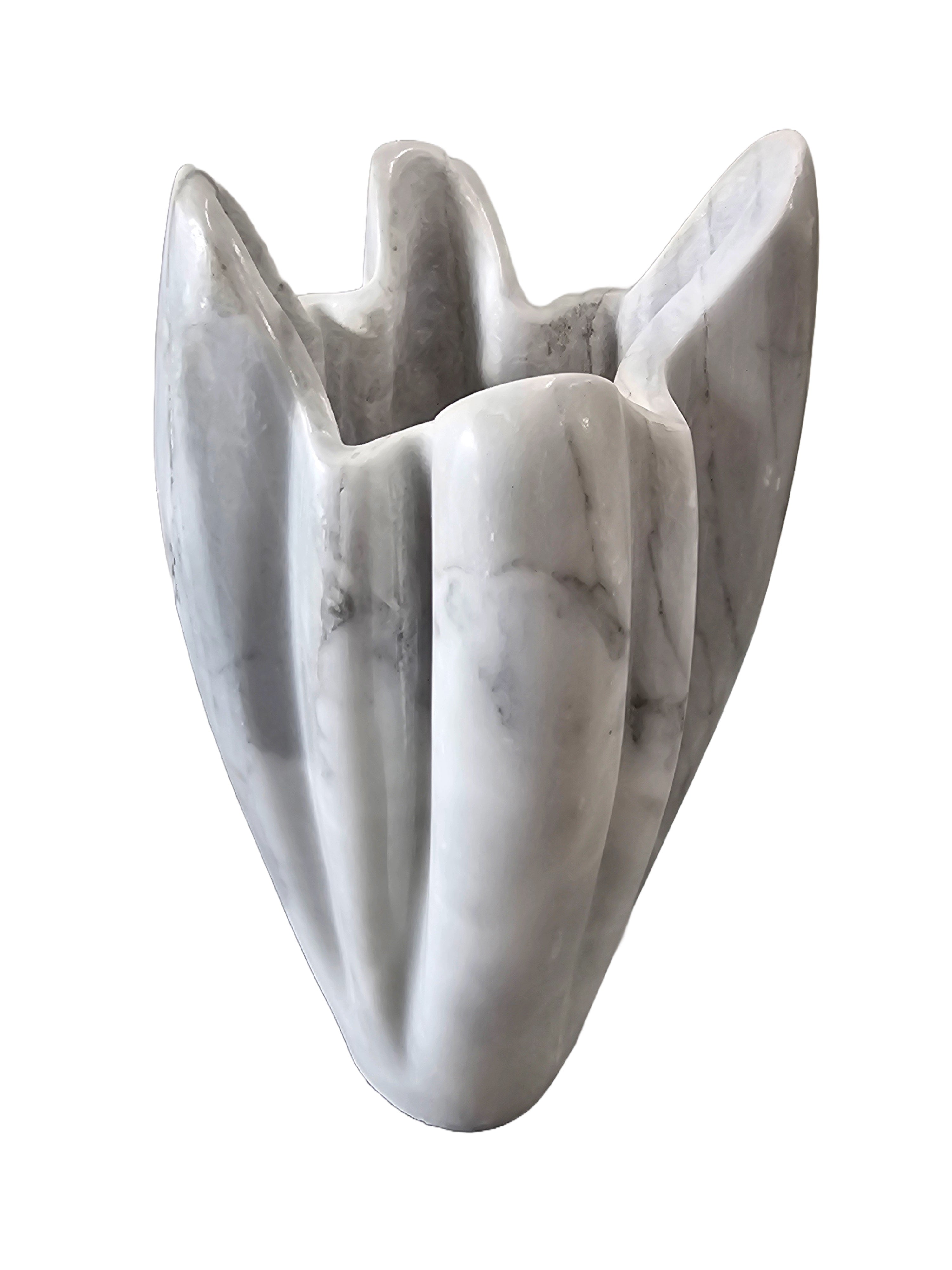 White Marble Stone Carving Sculpture - Beautiful Flower Vase, Office & Home Decoration, Indoor & Outdoor Display
