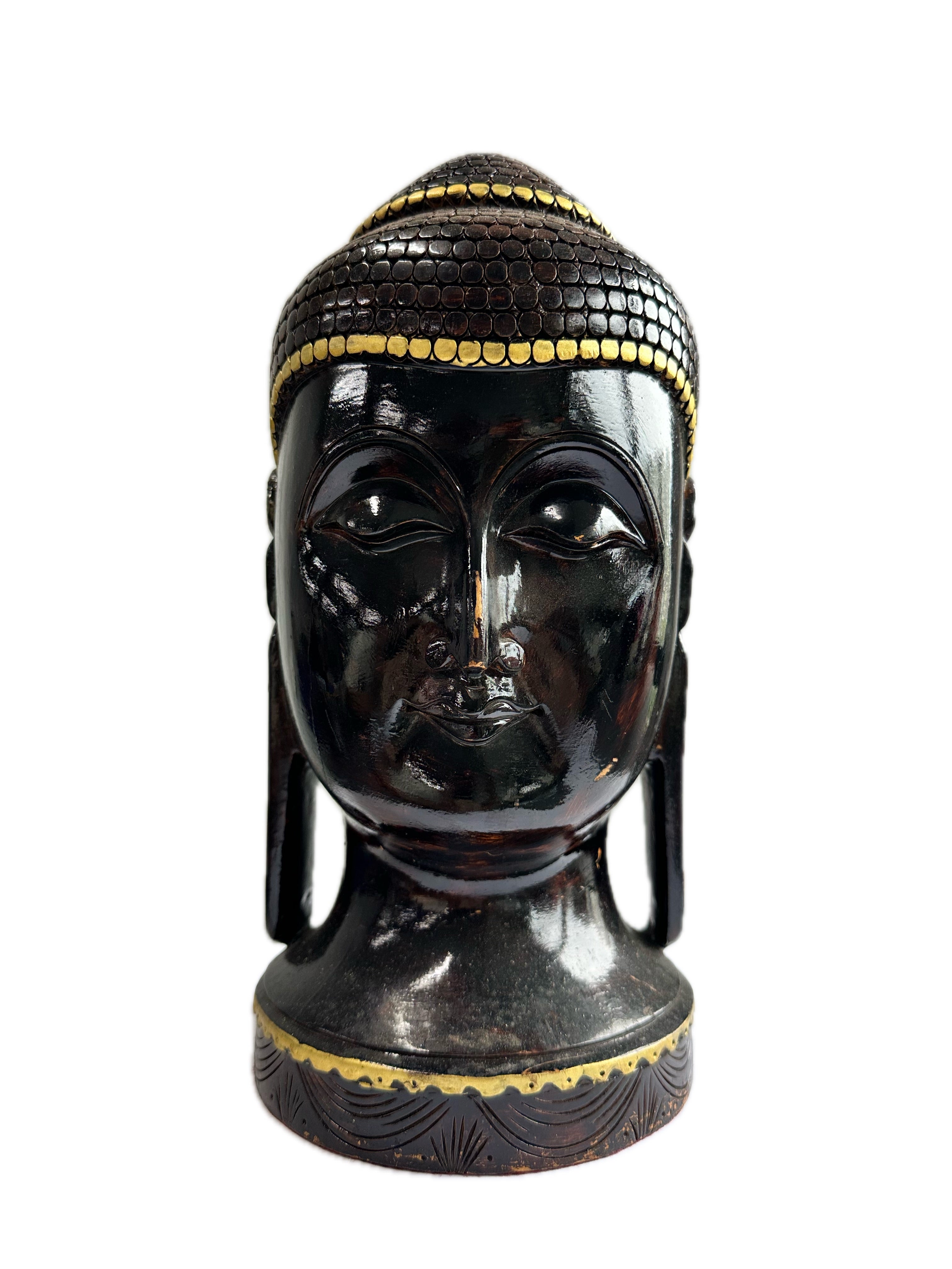 Temple Buddha Head Statue Wooden Hand Carved Indian Wood Carving Office Decor Gift Sculpture Art