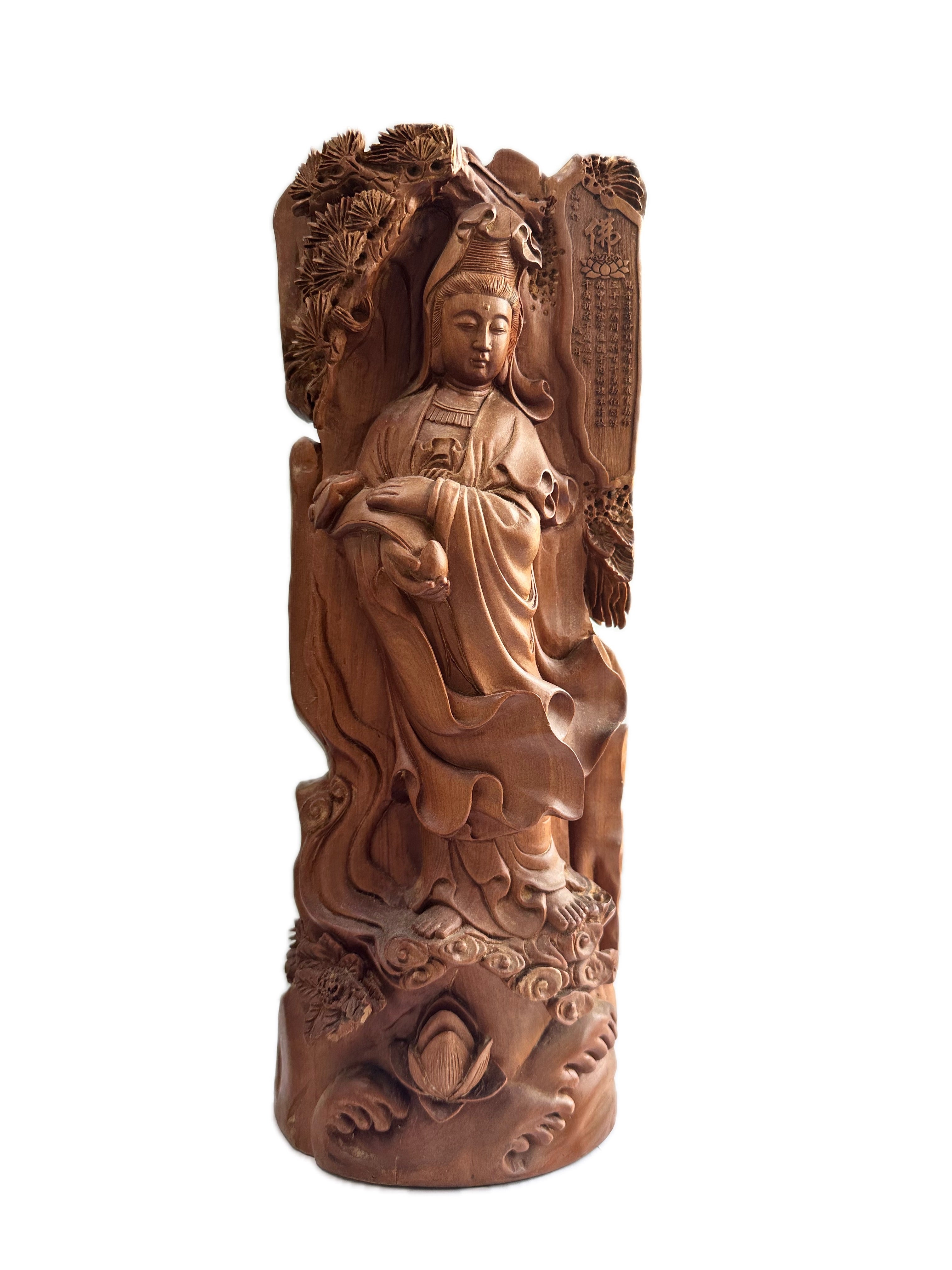 Temple Guanyin Statue Wooden Hand Carved Chinese Wood Carving Home Decor Gift Sculpture Art