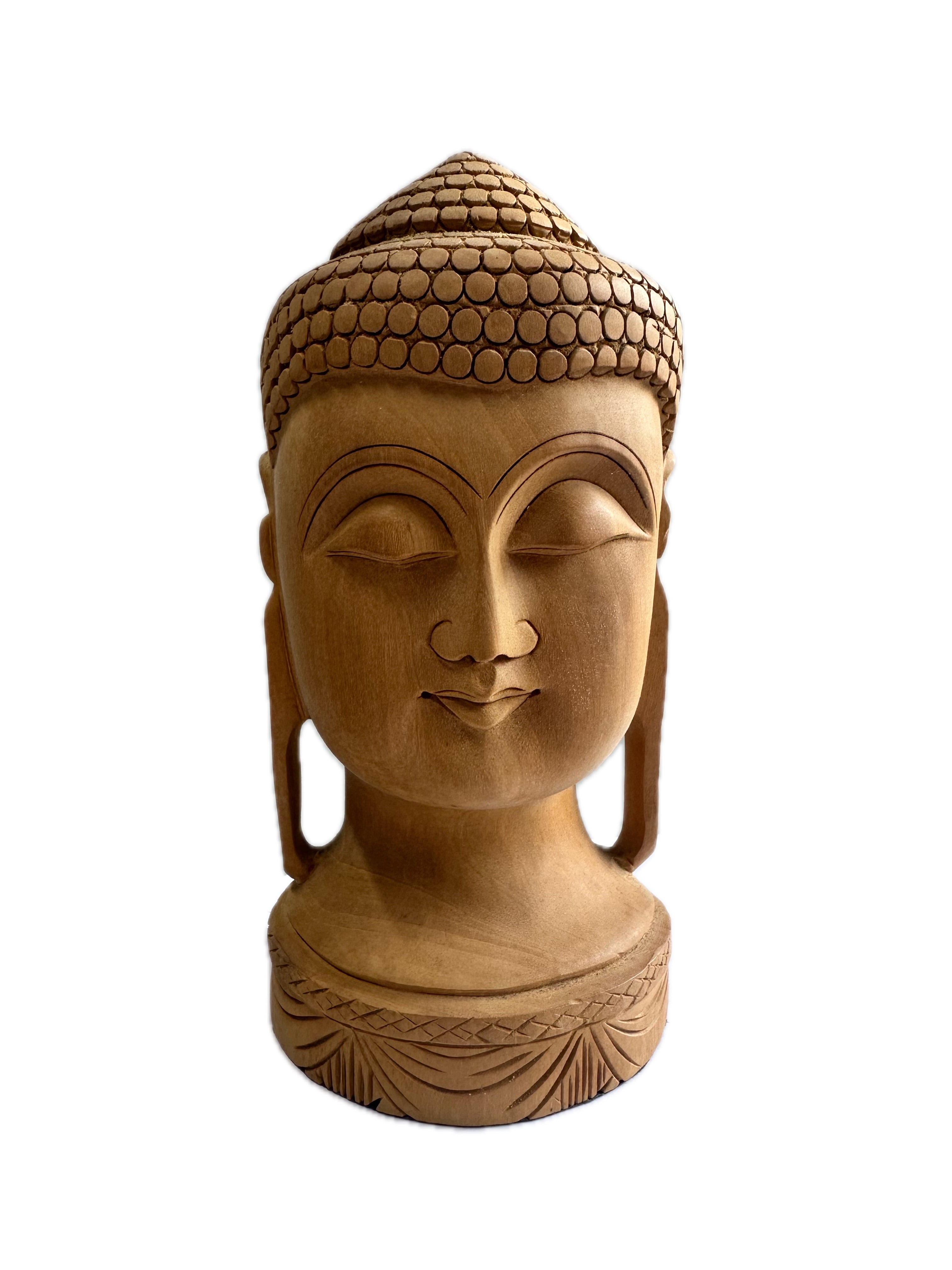 Temple Buddha Head Statue Wooden Hand Carved Indian Wood Carving Office Decor Gift Sculpture Art