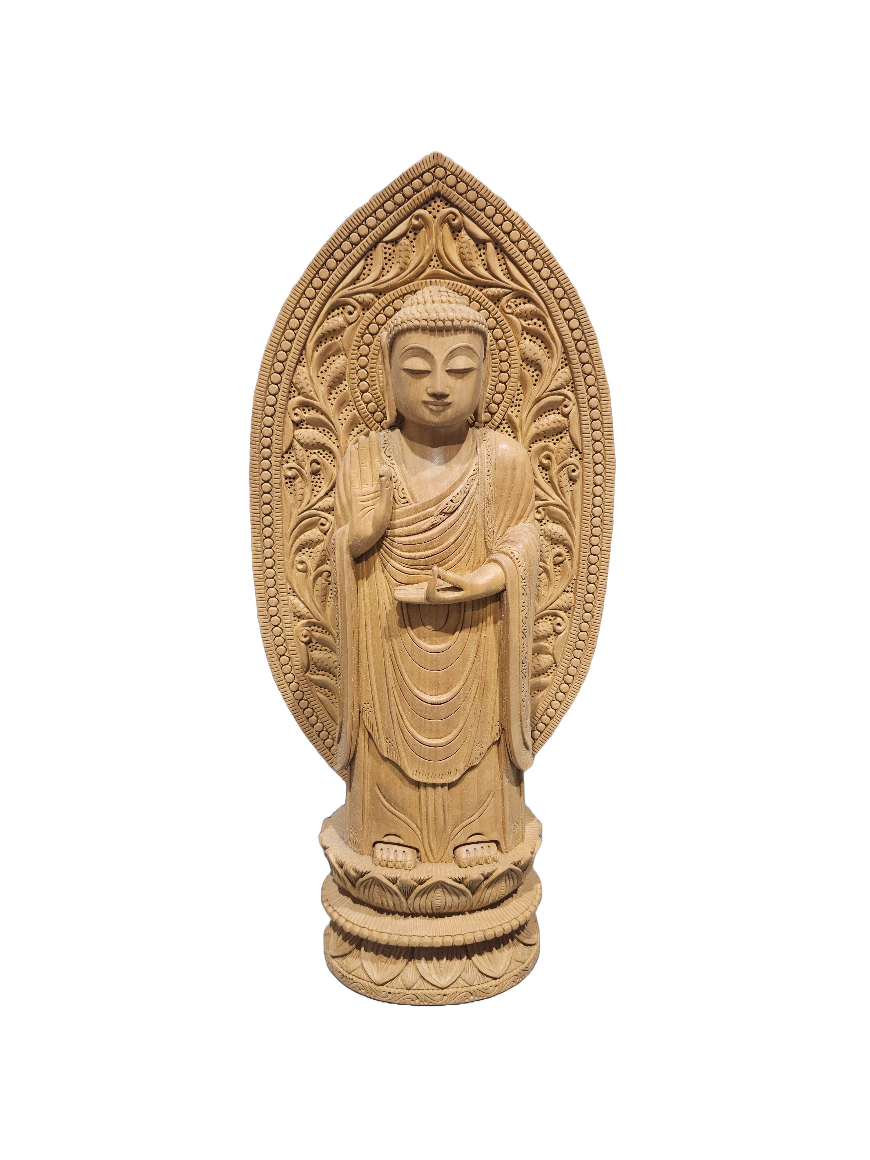 Temple Buddha Standing Statue Wooden Hand Carved Indian Wood Carving Home Decor Gift Sculpture Art