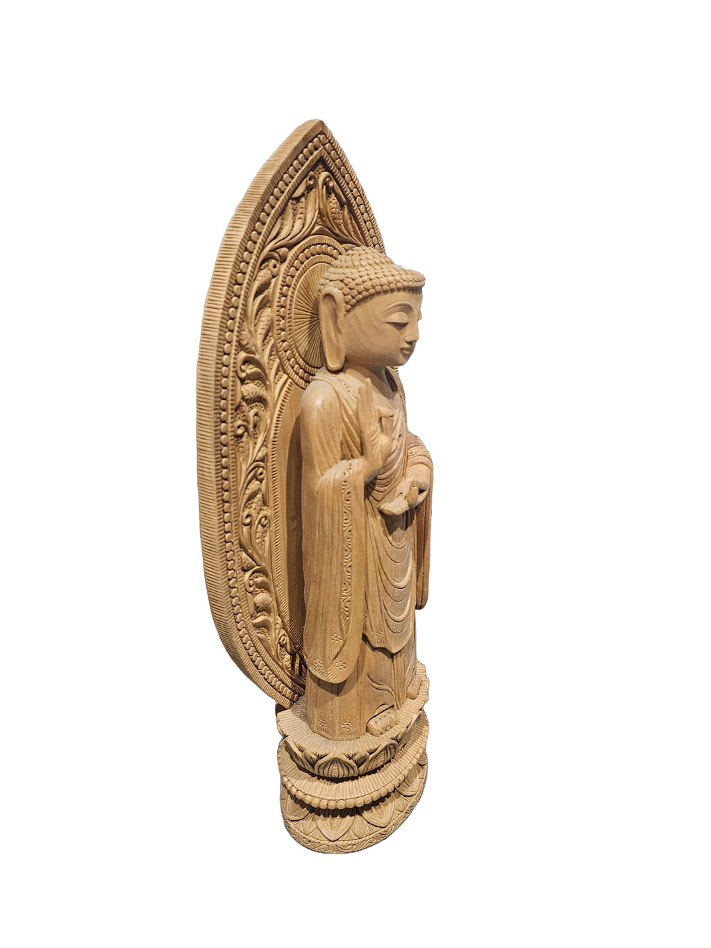 Temple Buddha Standing Statue Wooden Hand Carved Indian Wood Carving Home Decor Gift Sculpture Art