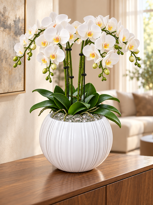 EHAIKA Large Opening Glass Flower Vase, Line Cut Jagged Patterned - Round Shaped, White Color
