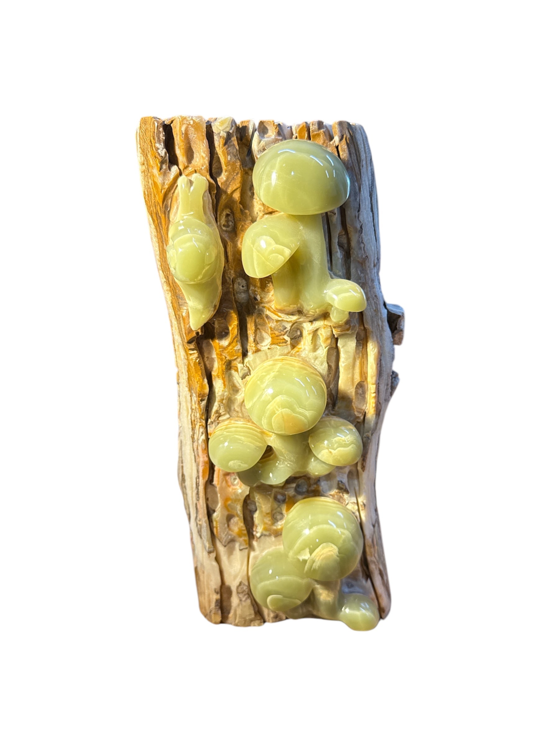 Natural green onyx stone jade lookalike sculpture carving tree trunk snail mushroom design home office decoration gift