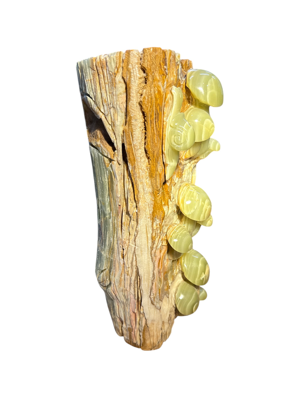 Natural green onyx stone jade lookalike sculpture carving tree trunk snail mushroom design home office decoration gift