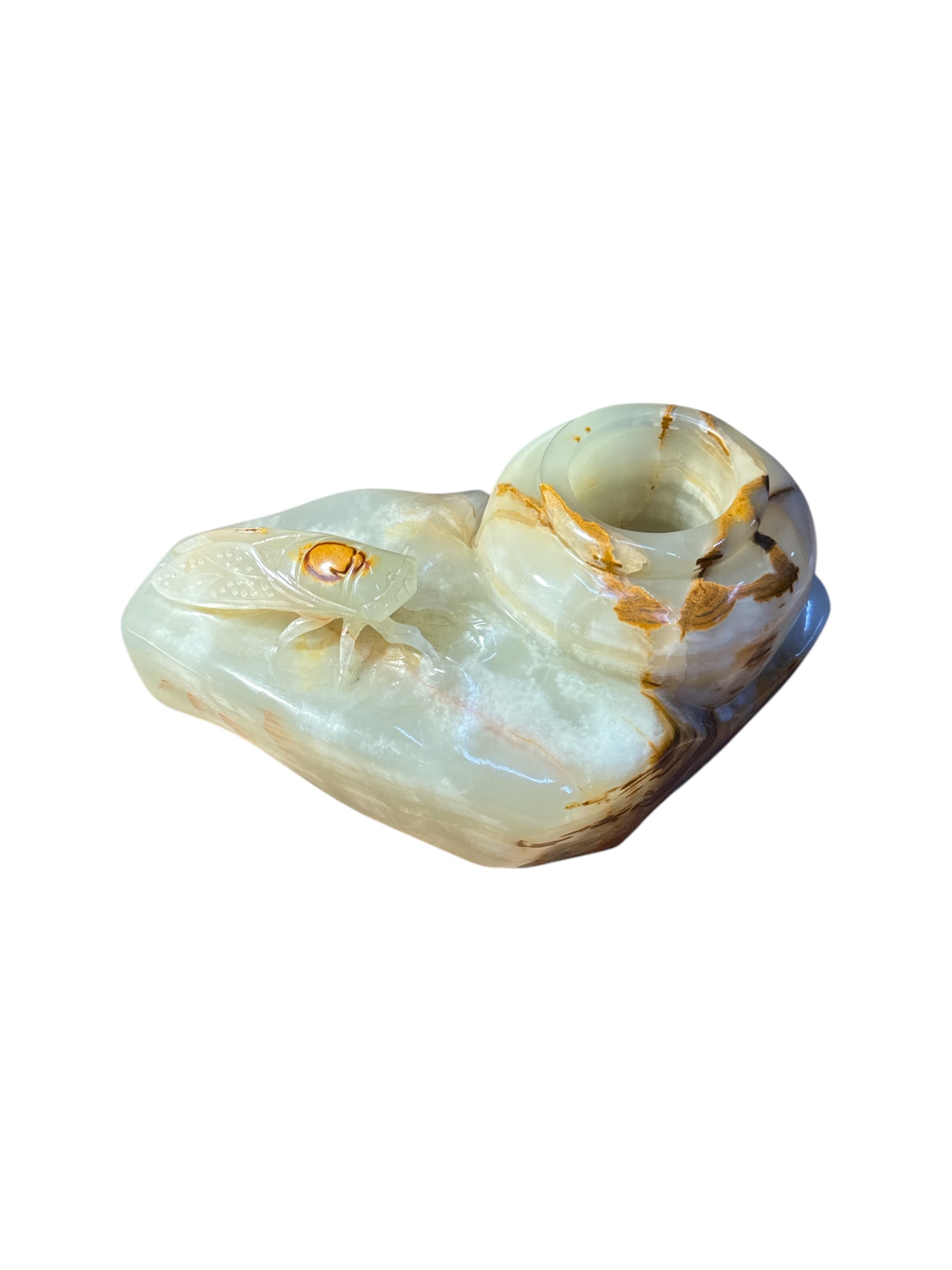 Natural green onyx stone jade lookalike sculpture insects flower vase plant pot carving design home office decoration housewarming gift