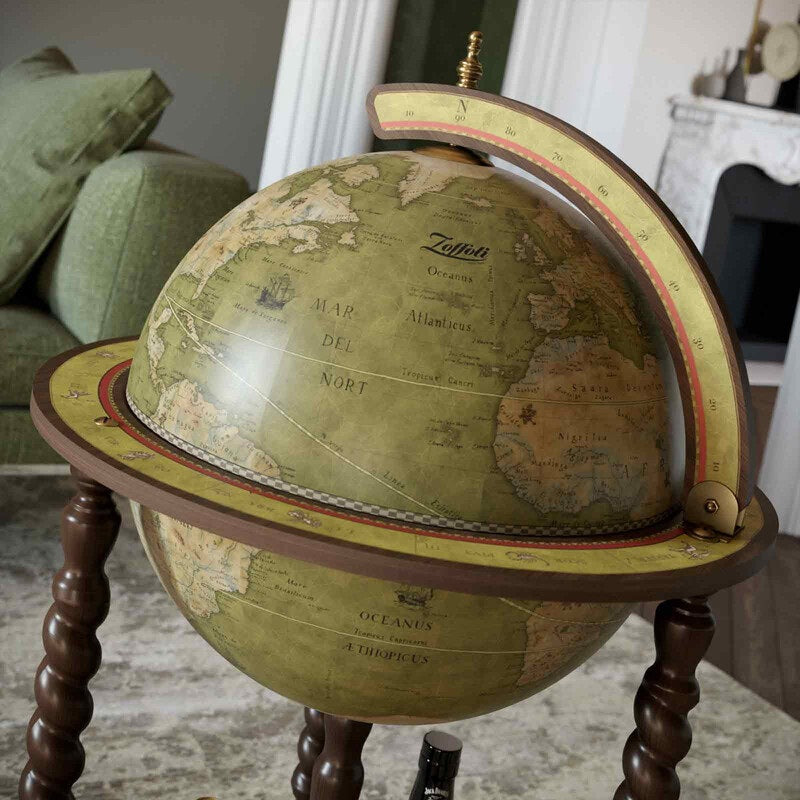 ZOFFOLI Globes EXPLORA OLIVE GREEN, Floor-Standing Globe Bar, Elegant Globe With Drinks Cabinet