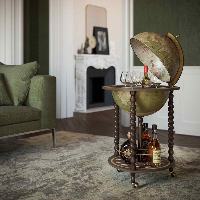 ZOFFOLI Globes EXPLORA OLIVE GREEN, Floor-Standing Globe Bar, Elegant Globe With Drinks Cabinet