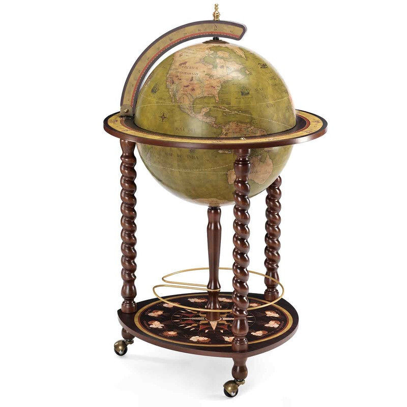 ZOFFOLI Globes EXPLORA OLIVE GREEN, Floor-Standing Globe Bar, Elegant Globe With Drinks Cabinet