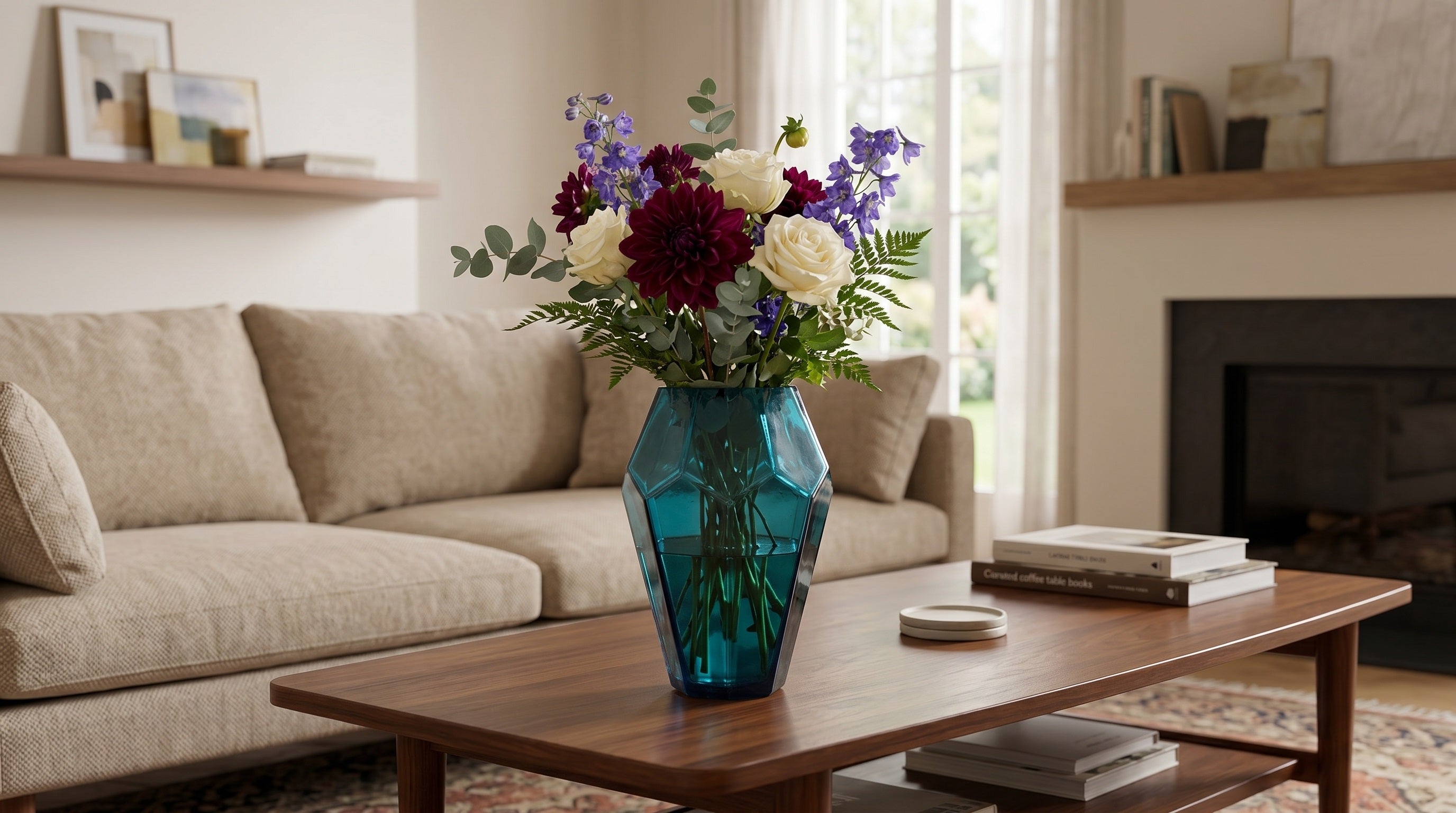 EHAIKA Glass Flower Vase With Strait Cut Patterned - Green Color