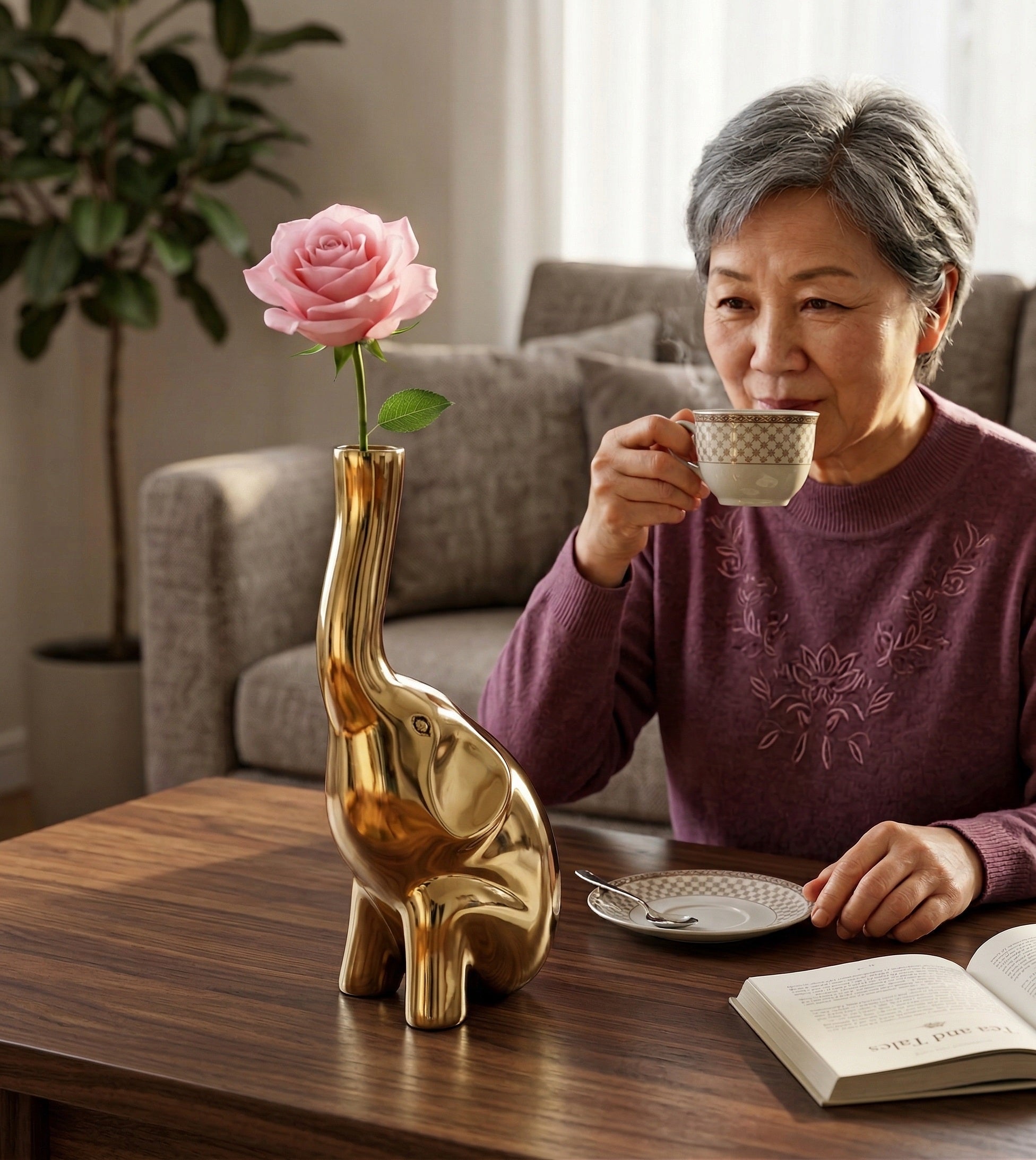 EHAIKA Golden Elephant Bud Vase (Large) Aluminium Sculpture - Single Flower Home Office Table-top Display Decoration