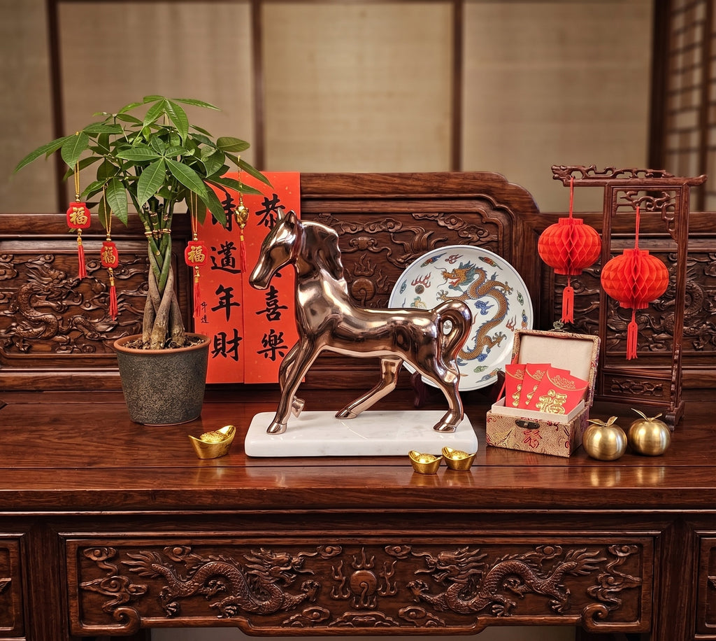 EHAIKA Golden Aluminium Horse With Marble Base – Table Top Chinese Zodiac Year 2026 Lucky Animal