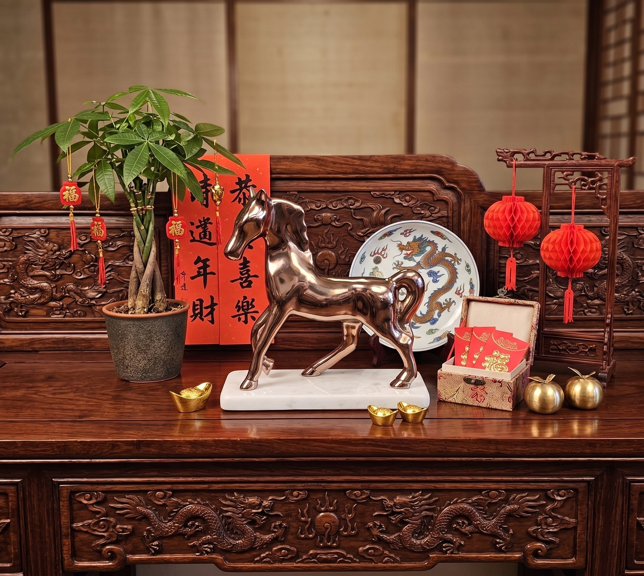 EHAIKA Golden Aluminium Horse With Marble Base – Table Top Chinese Zodiac Year 2026 Lucky Animal