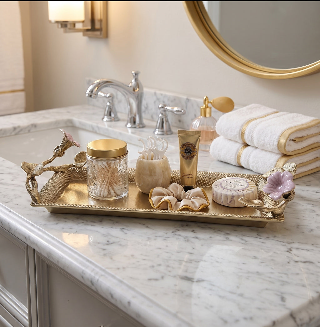 EHAIKA Bathroom Tray – Golden Color Enamelled Aluminium With Morning Glory Flower