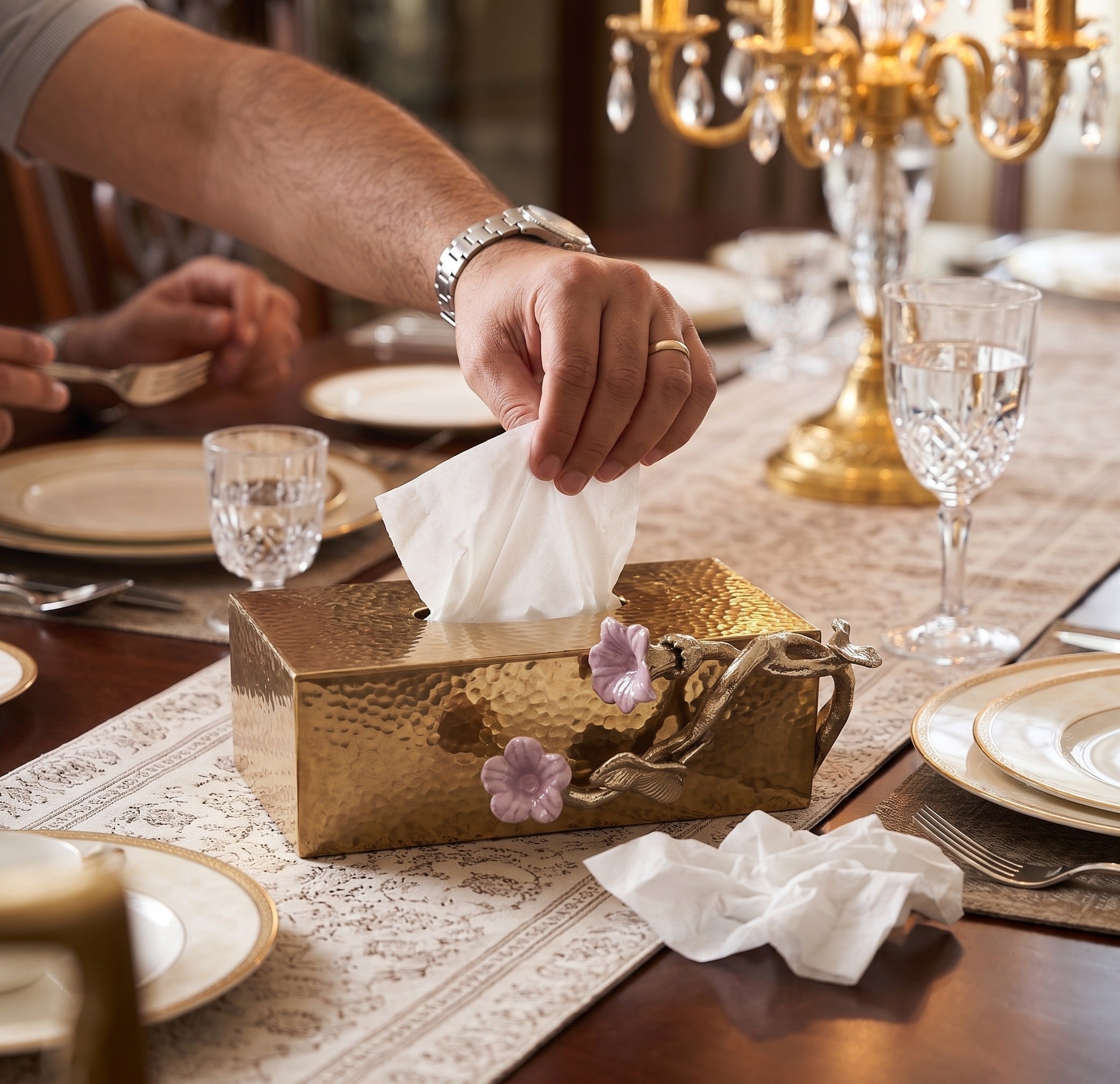 EHAIKA Tissue Box Cover – Golden Color Enamelled Aluminium With Morning Glory Flower