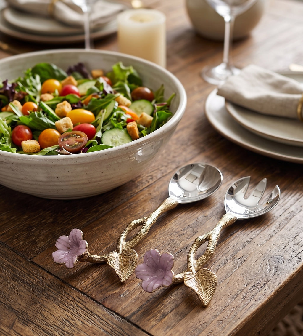 EHAIKA Salad Server (Set of 2) – Enamelled Aluminium Morning Glory Flower With Ombre Lilac Coloured Class