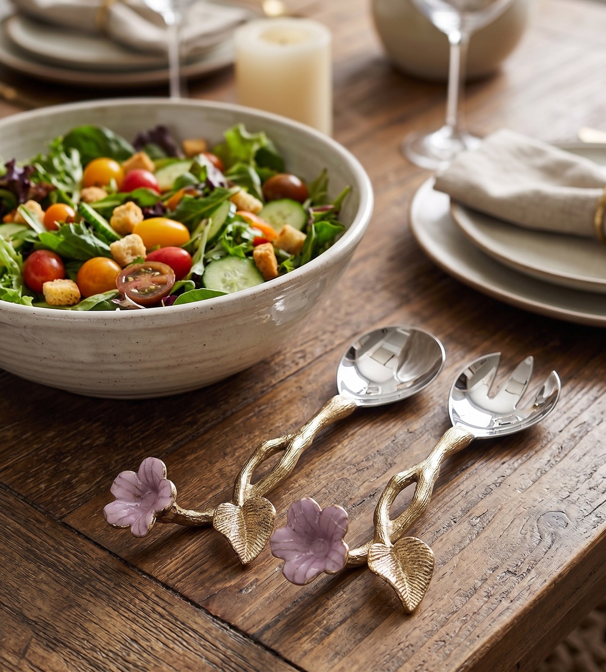 EHAIKA Salad Server (Set of 2) – Enamelled Aluminium Morning Glory Flower With Ombre Lilac Coloured Class