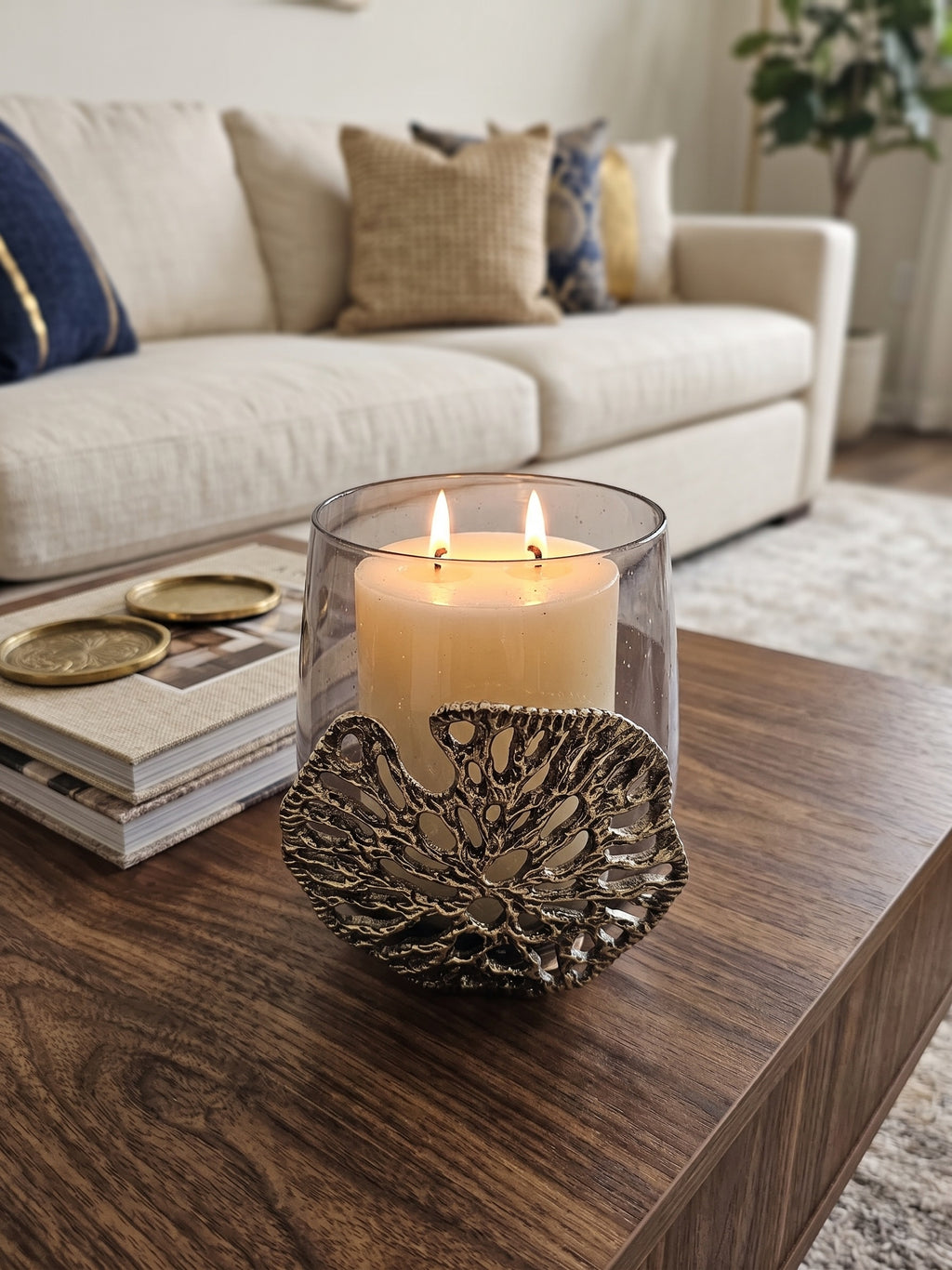 EHAIKA Votive Candle Bowl Holder - Aluminum Gilded Lily Pad - Ombre Sea Kelp Green Coloured Glass
