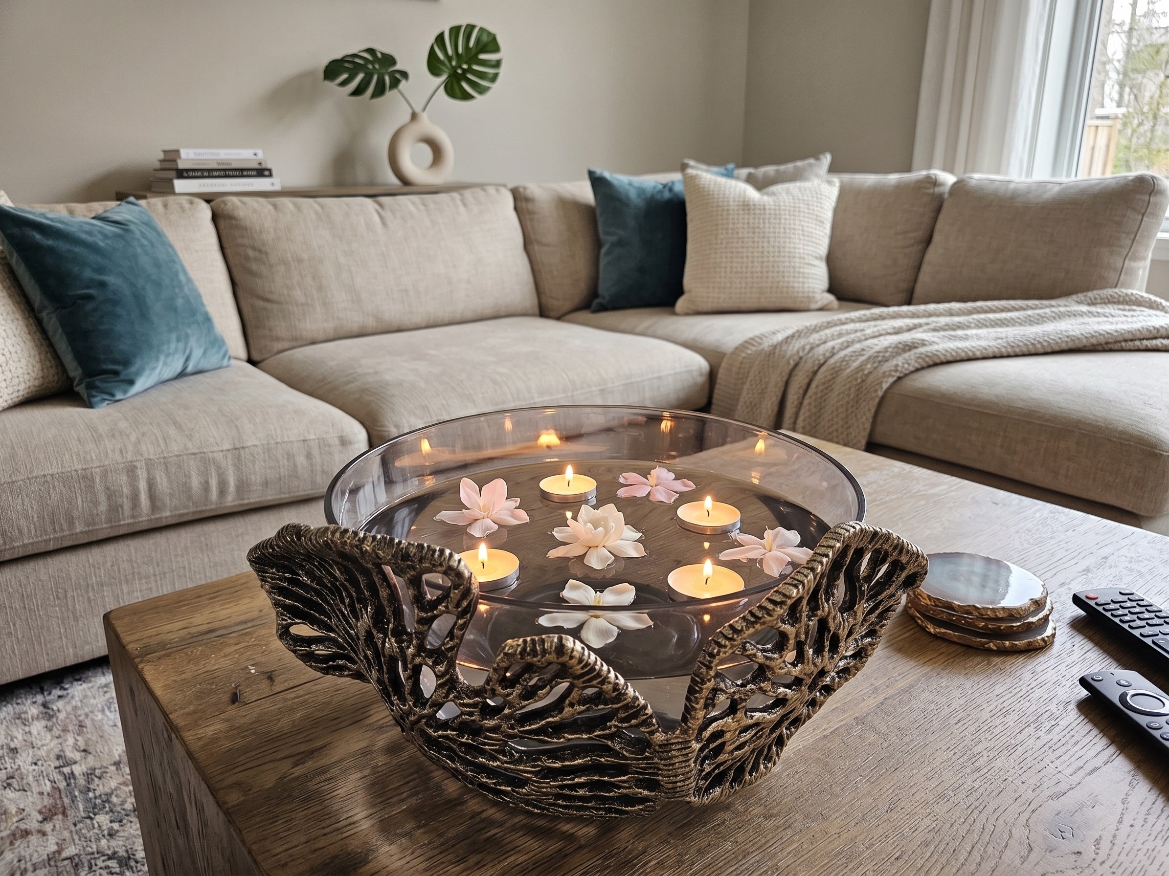 EHAIKA Decorative Bowl - Aluminum Gilded Lily Pad - Ombre Sea Kelp Green Coloured Glass